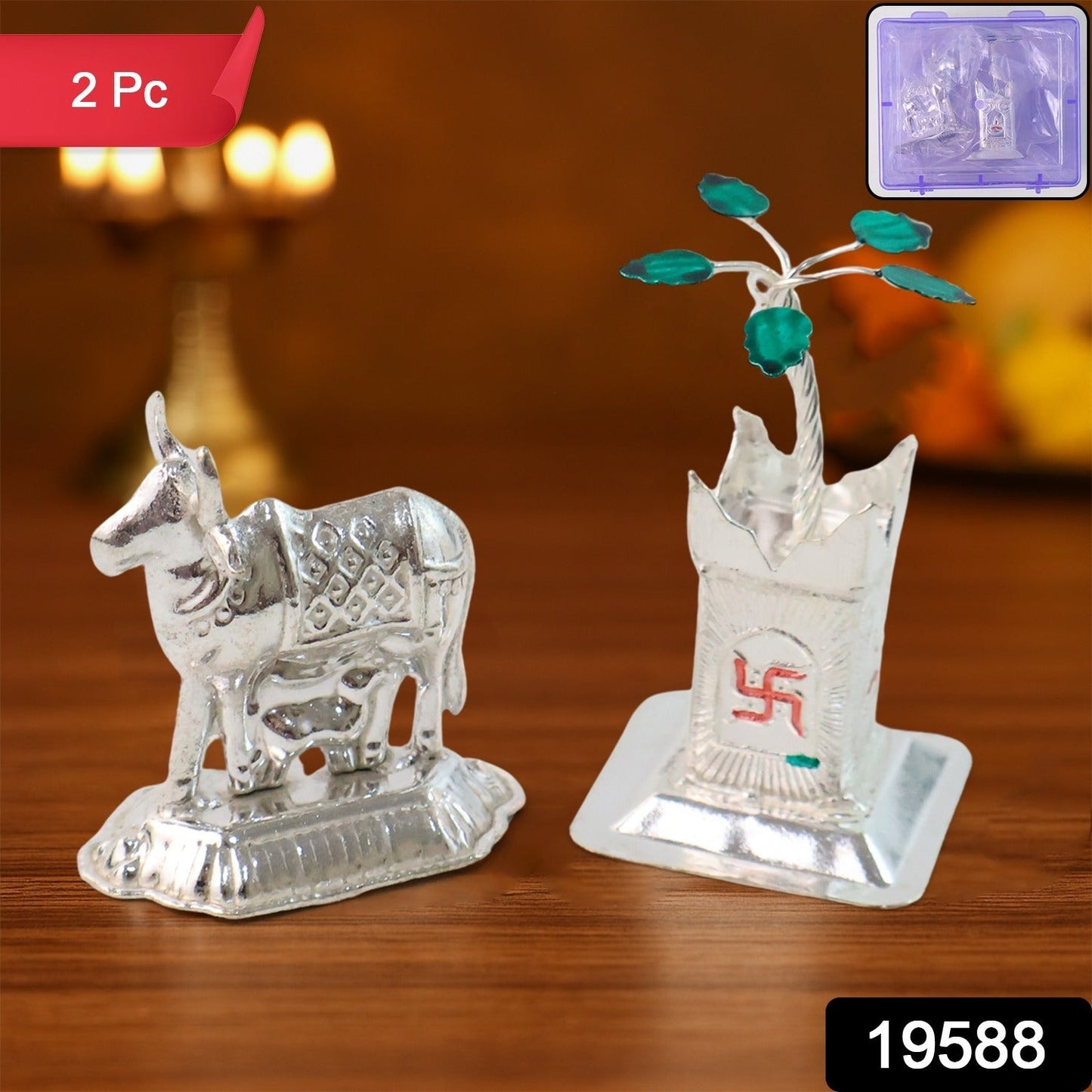 Silver-Plated Kamdhenu Cow & Tulsi Plant Pair â€“ Pooja & Home DÃ©cor