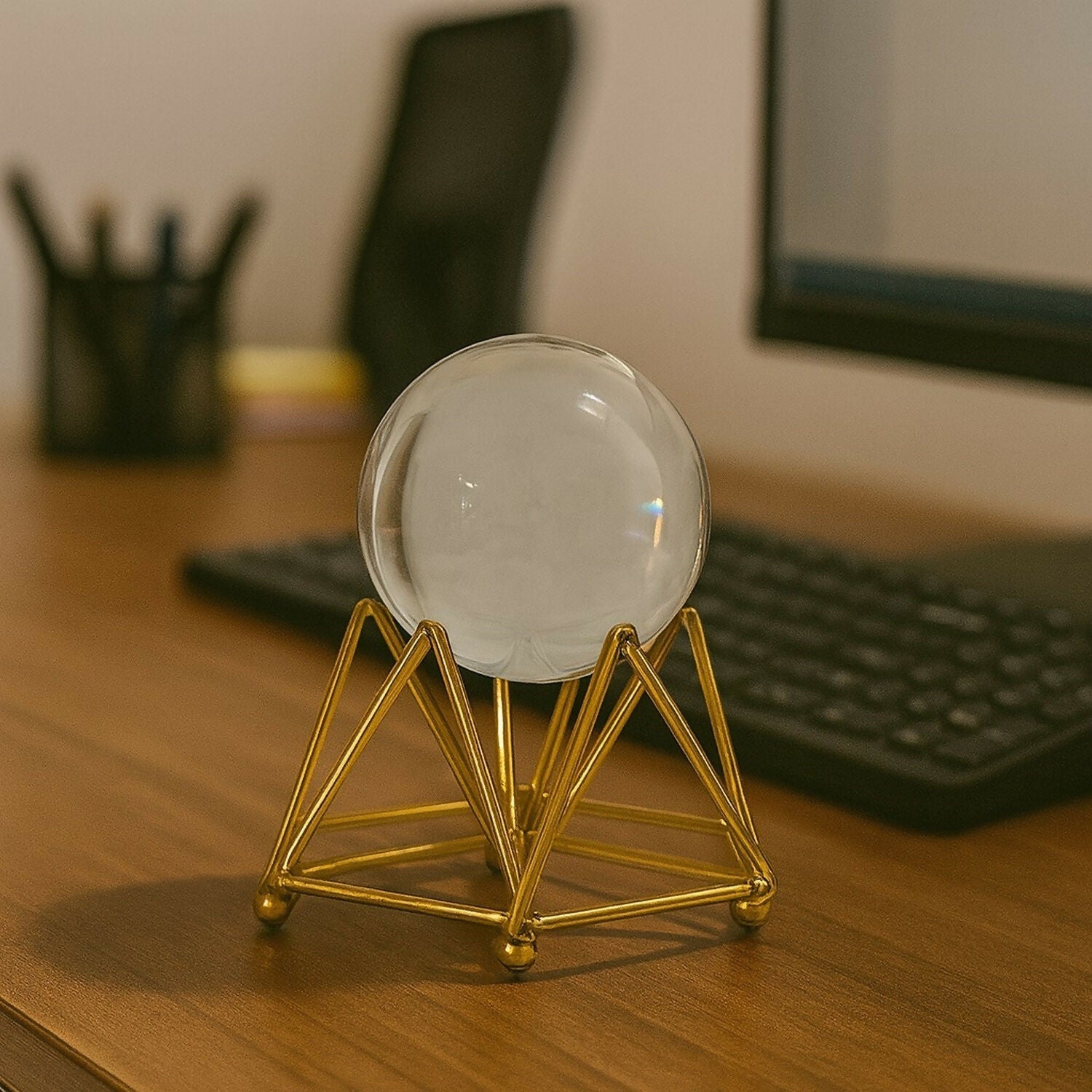 Decorative Crystal Ball with Premium Golden Geometric Stand for Home Office Desk | Clear Glass Sphere Showpiece for Table Decoration, Vastu, Meditation, Feng Shui, Gifting | Modern Luxury Home DÃ©cor Ornament