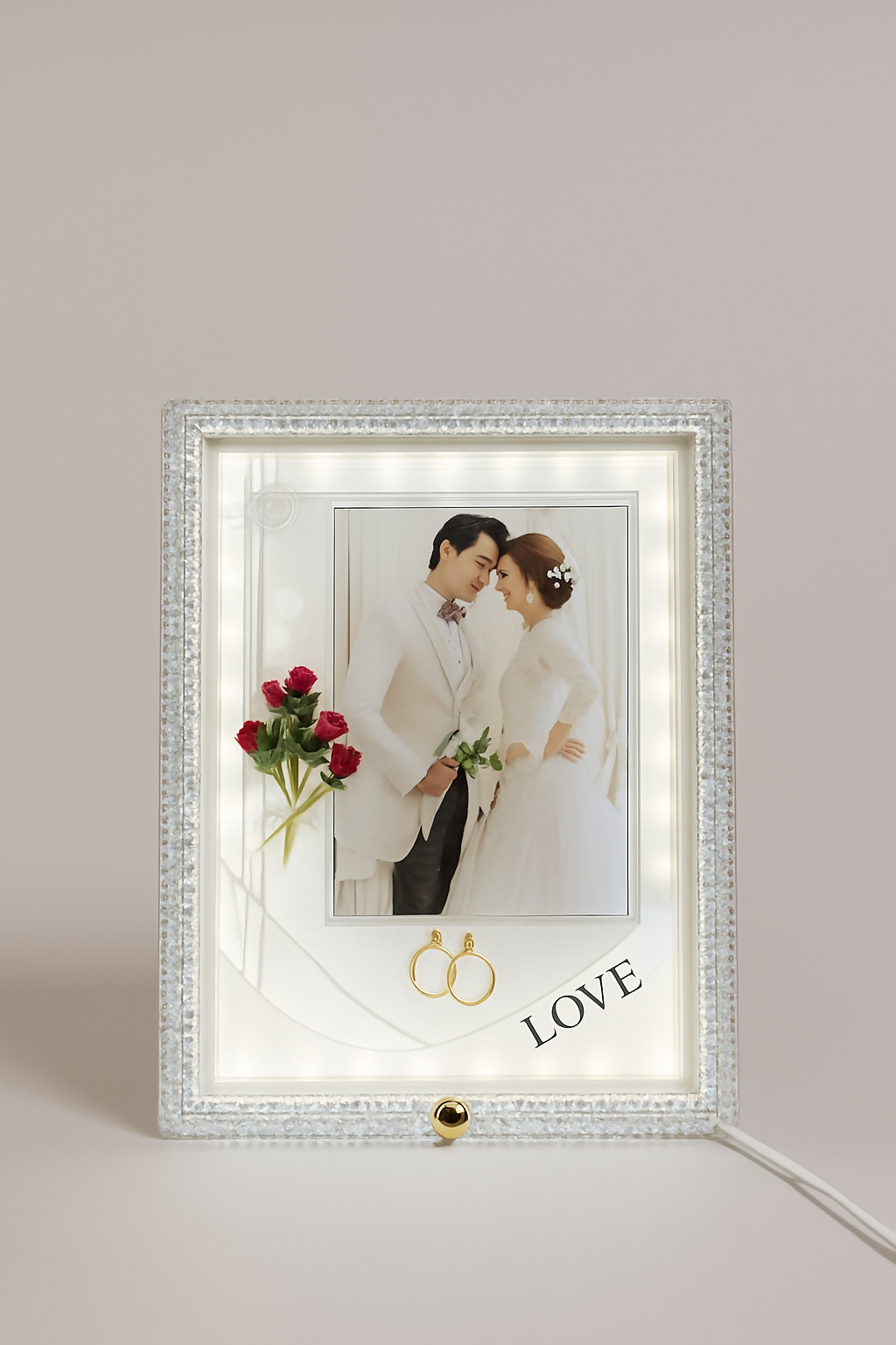 Crystal White LED Wedding Photo Frame | Elegant Square Illuminated Picture Frame with Decorative Floral Design & Rings | 4x6 Inch Couple Photo Frame | Romantic Gift for Wedding, Anniversary, Valentineâ€™s Day & Home DÃ©cor