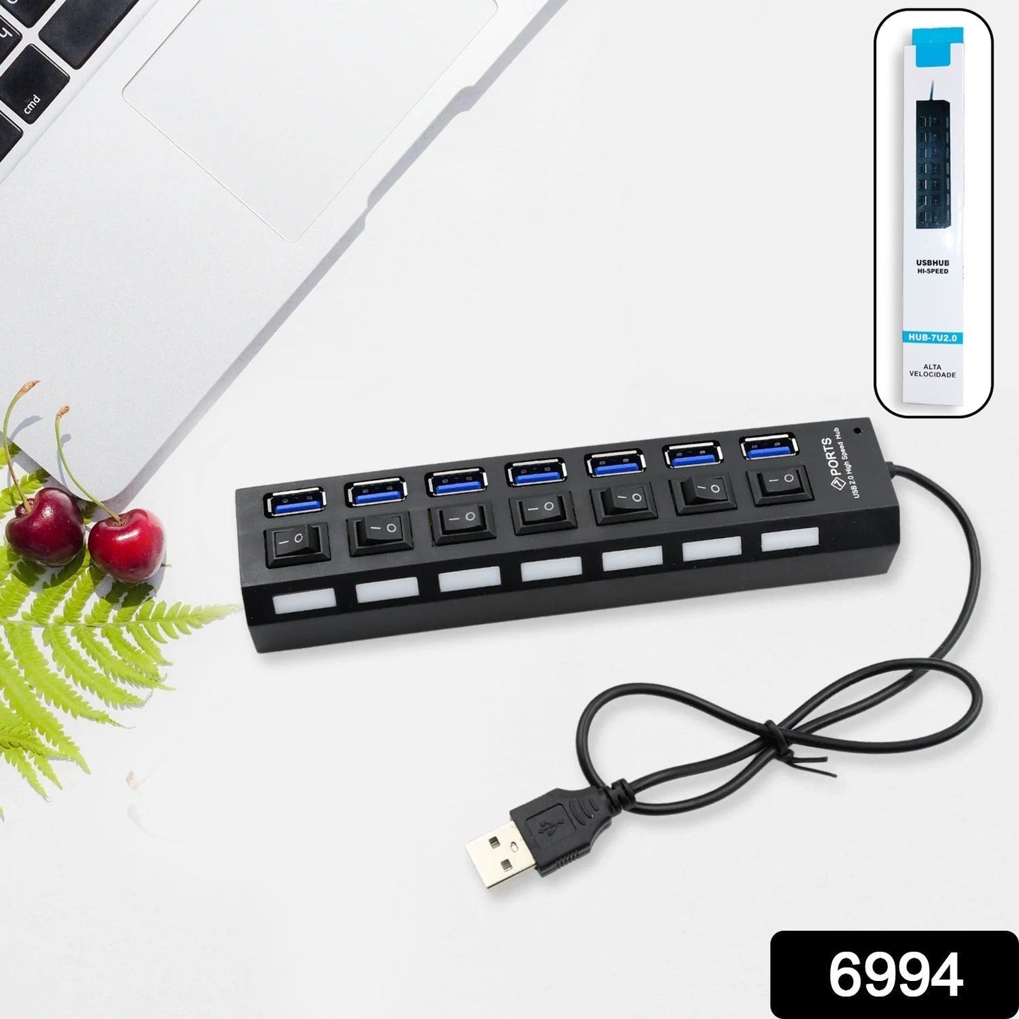 USB Splitter Multi Port USB 2.0 Hub, 7 Port with Independent On/Off Switch and LED Indicators USB A Port Data Hub, Suitable for PC Computer Keyboard Laptop Mobile HDD, Flash Drive  Etc