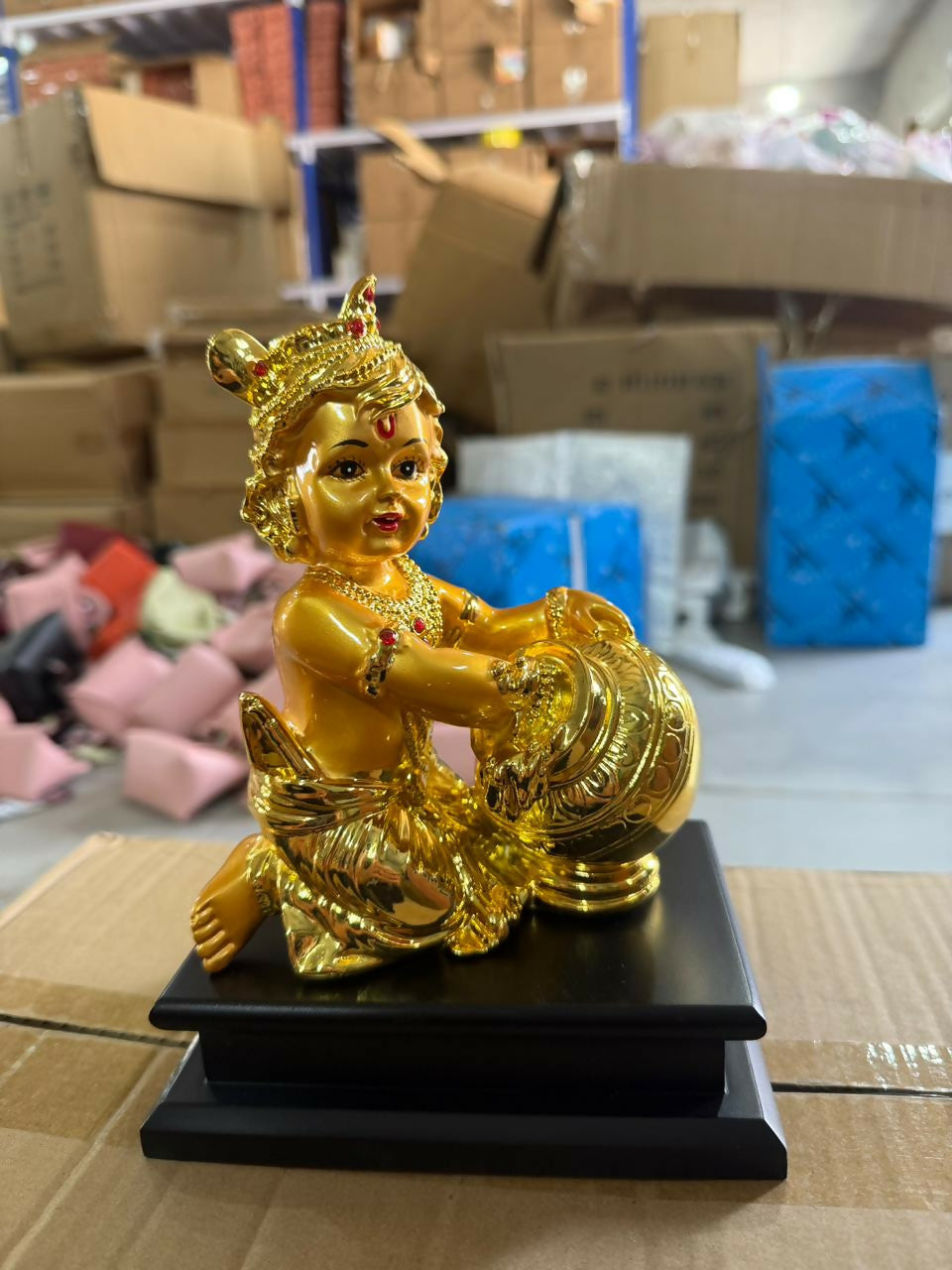 Bal Krishna Butter Pot Idol Golden Finish Statue for Home Temple Decor