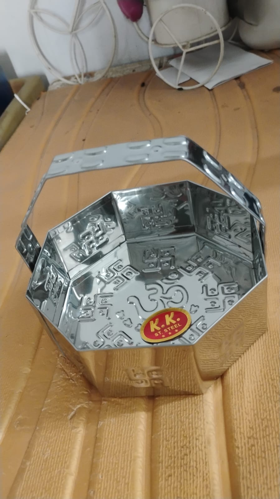 Traditional Stainless Steel Octagon Pooja Basket 1 Pc with Handle