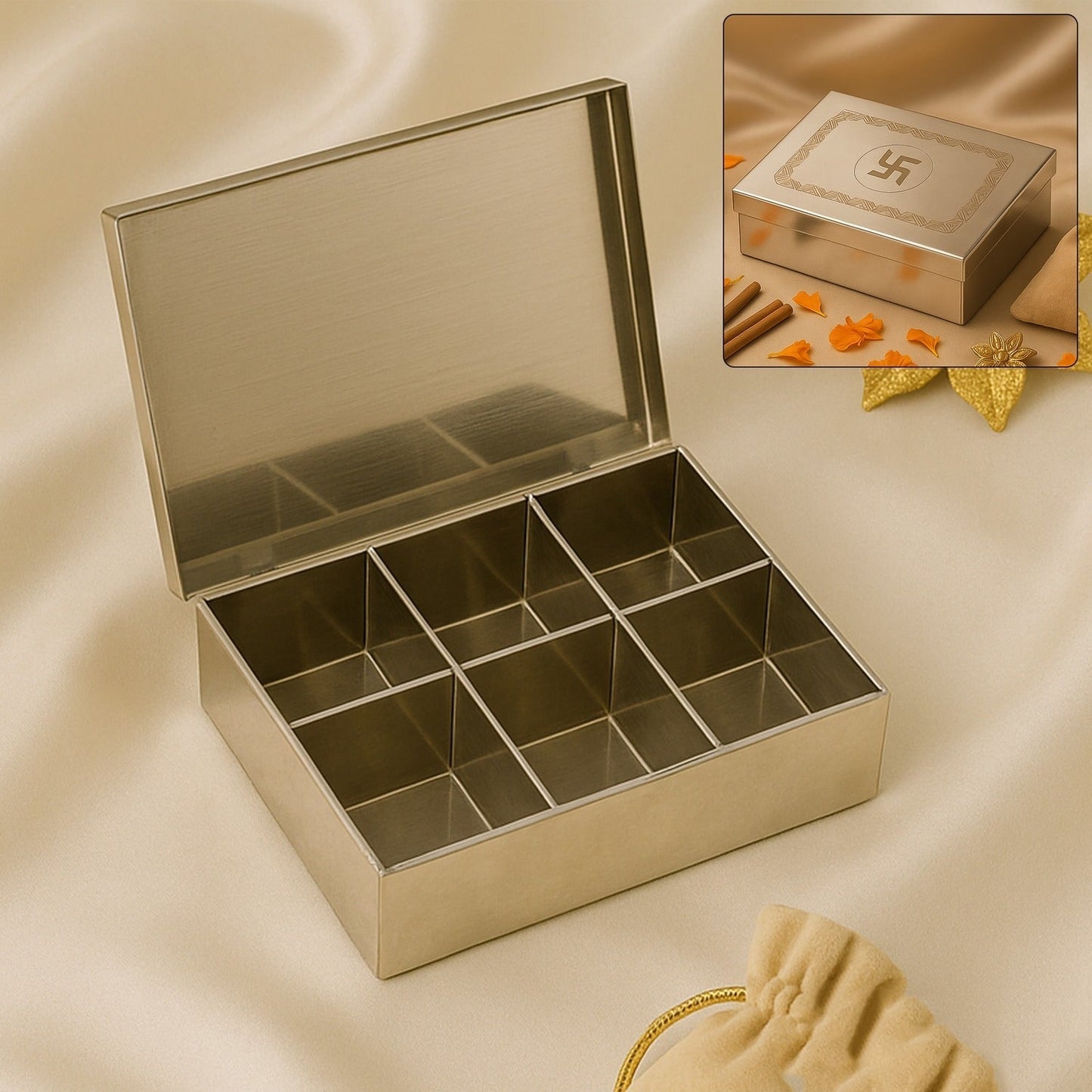 Multipurpose Stainless Steel Jewelry Storage Organizer Box 6 Compartments (1 Pc)