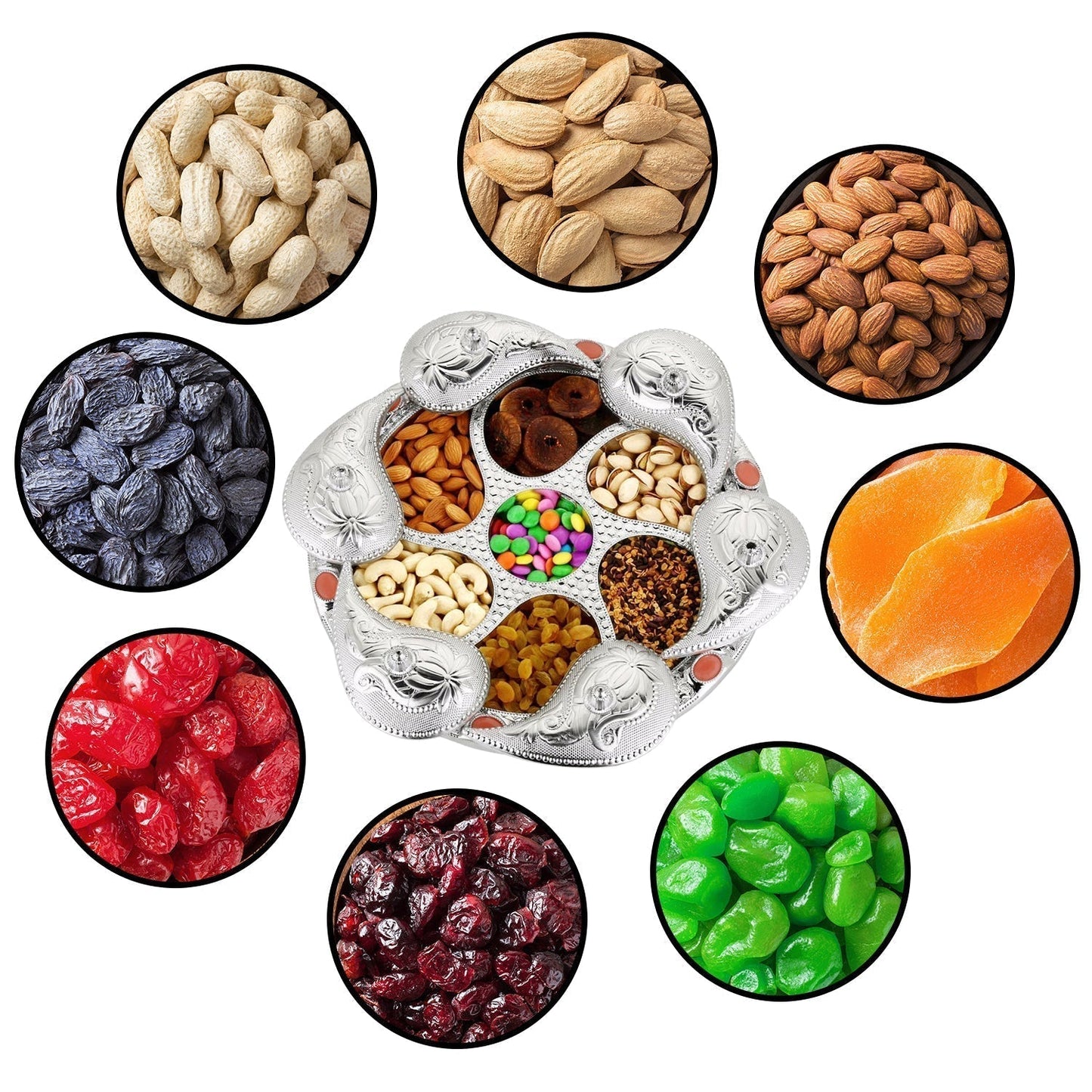 Multipurpose 7 Compartment Dry Fruit Serving Rotating Tray ,Chocolate, Snacks Storage Box, Masala Box