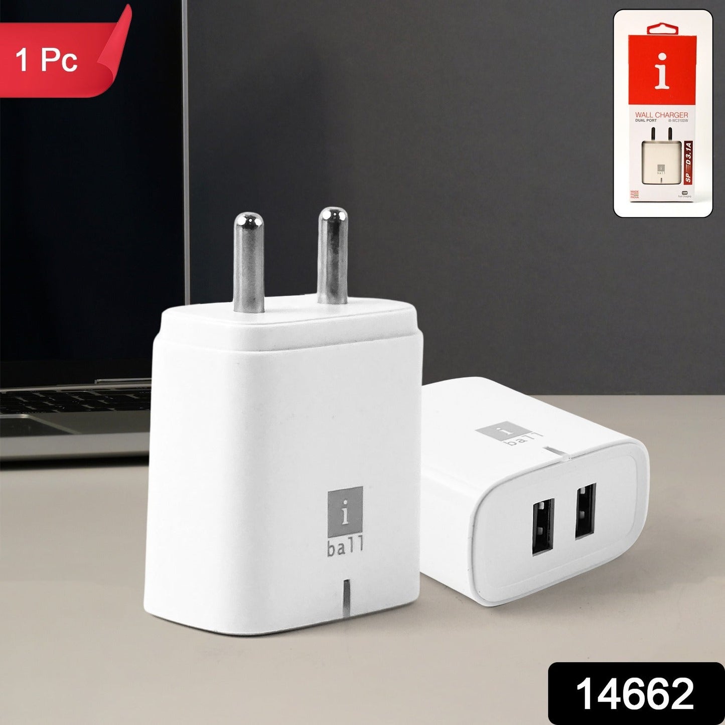 iBall Dual USB Wall Charger 5V/3.1A â€“ High-Speed Dual Port Fast Charging Adapte (1 Pc)