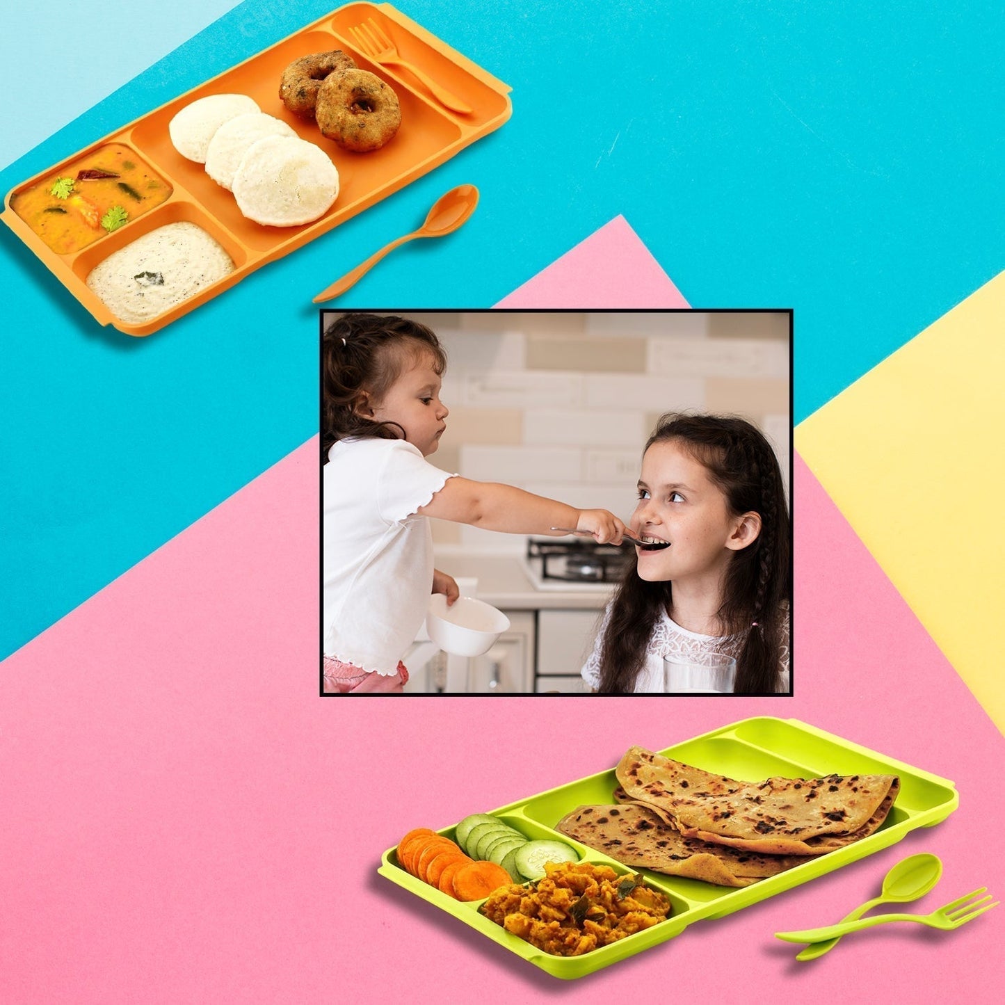 4-Compartment Plastic Dish Set with Spoon & Fork – Versatile Dinner & Pav Bhaji Plate