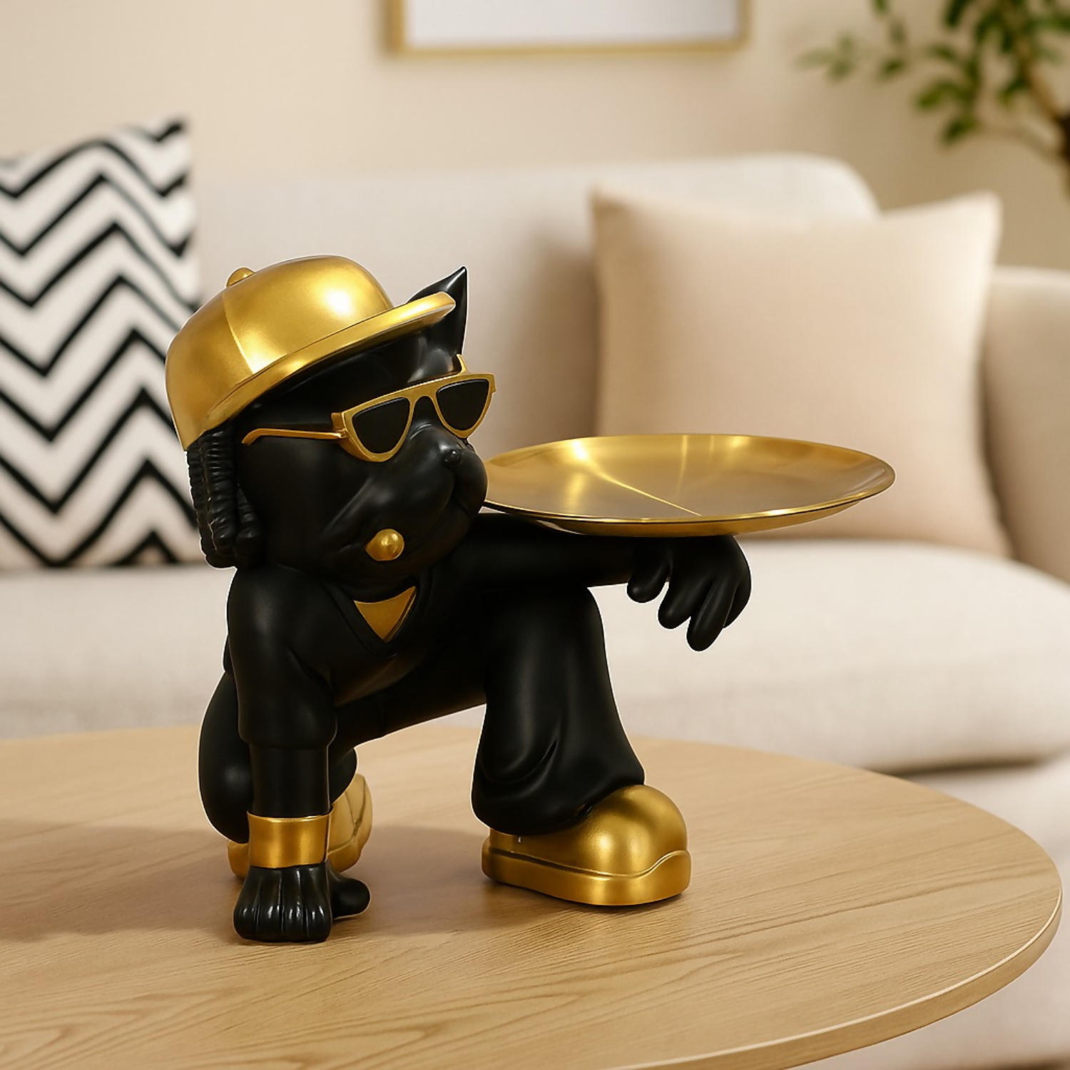 Luxury Black & Gold Bulldog Butler Figurine with Tray â€“ Stylish Resin Dog Showpiece Wearing Cap & Sunglasses â€“ Funky Modern Art Decorative Tray Stand for Keys, Coins & Snacks â€“ Premium Home & Office DÃ©cor Gift