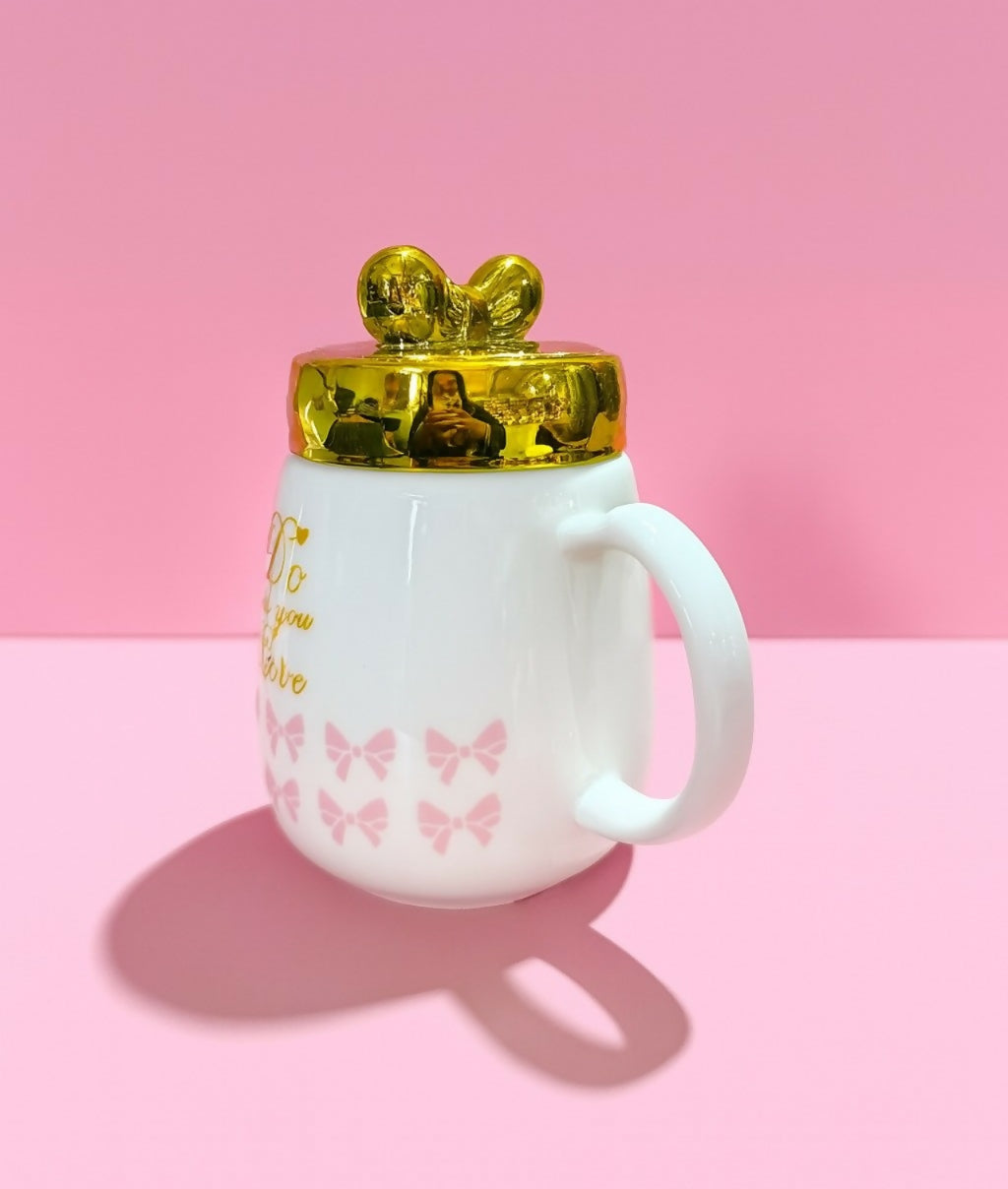 White Ceramic Mug with Golden Lid & Heart Handle â€“ Do What You Love Print