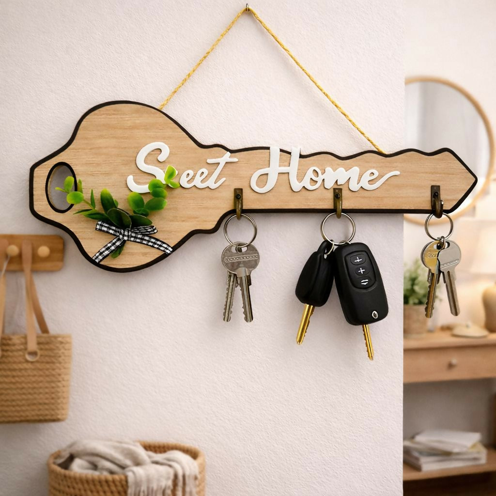 Wooden Key Shape Key Holder Wall Mount with 4 Hooks Organizer