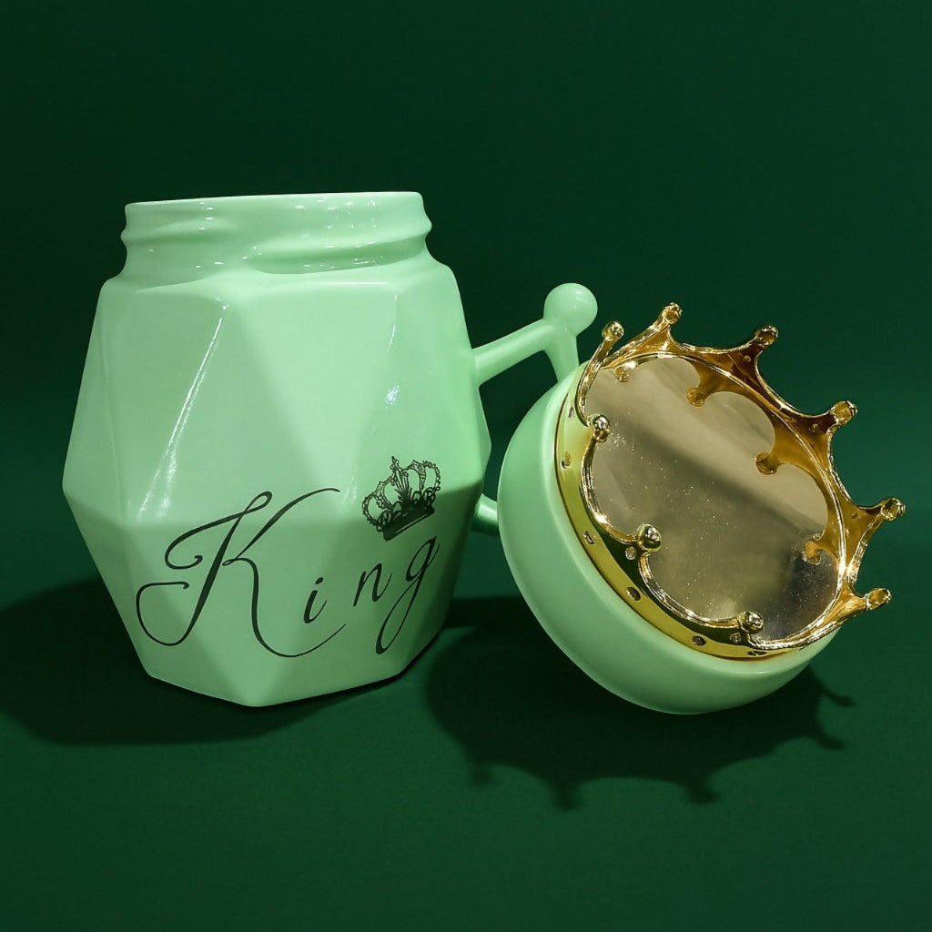 King Crown Ceramic Mug with Golden Lid â€“ Green Diamond-Cut Coffee Mug for Men | Royal Handle & Gift Mug for Husband, Boyfriend, Brother & Boss | Stylish Ceramic Tea Cup with Crown Design