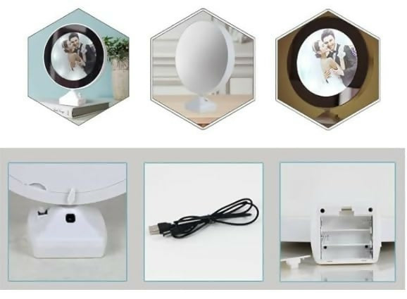 Customized Round LED mirror Photo Frame Lamp with White Base â€“ Personalized Night Light for Couples with Glowing Effect â€“ Romantic Tabletop DÃ©cor Gift for Anniversaries, Weddings, Valentine's Day & Special Occasions