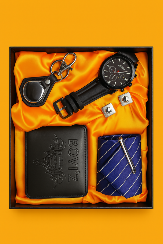 BOVIZ Premium 6-in-1 Menâ€™s Gift Set with Wallet, Wrist Watch, Tie with Pin, Cufflinks, and Keychain | Luxury Formal Accessory Combo for Men | Ideal for Birthday, Anniversary, Festive & Corporate Gifting