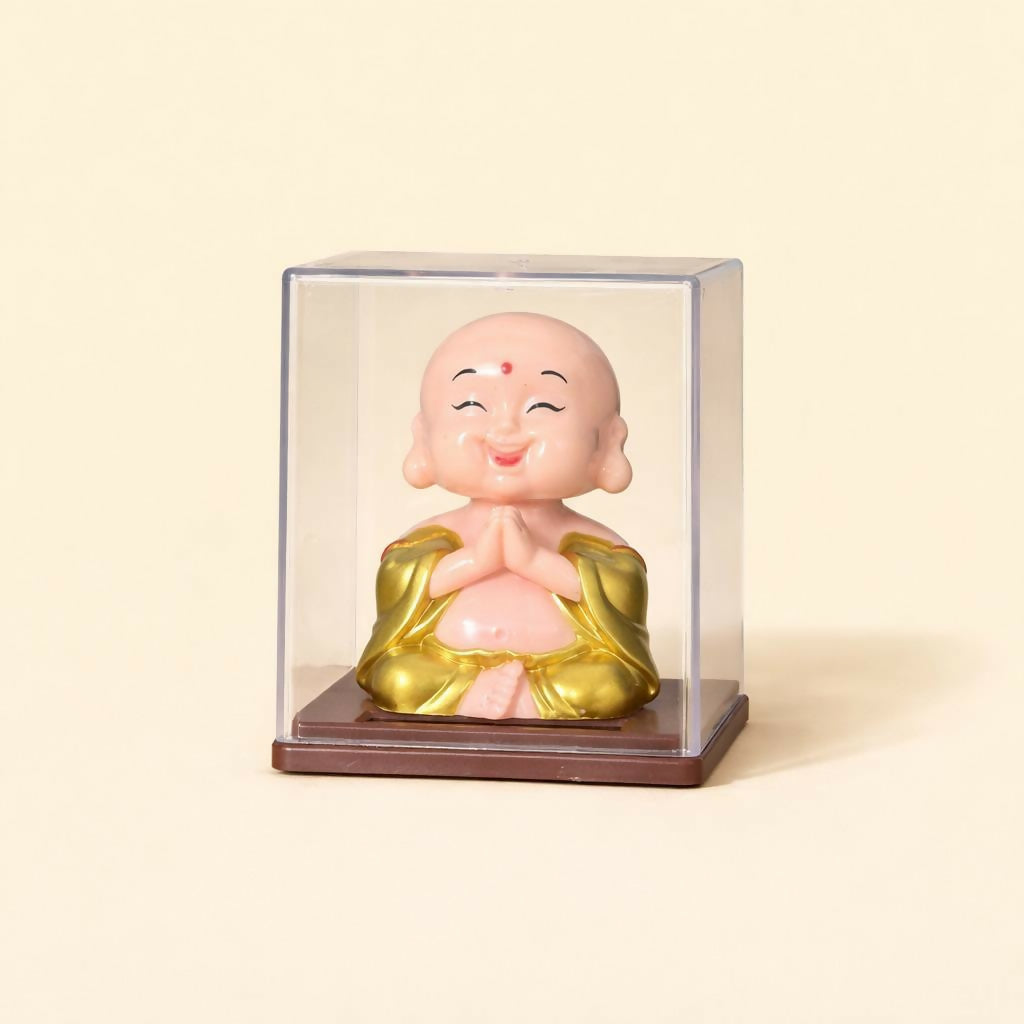 Solar Laughing Monk Bobble Head with Moving Head Display Case (Color may vary)