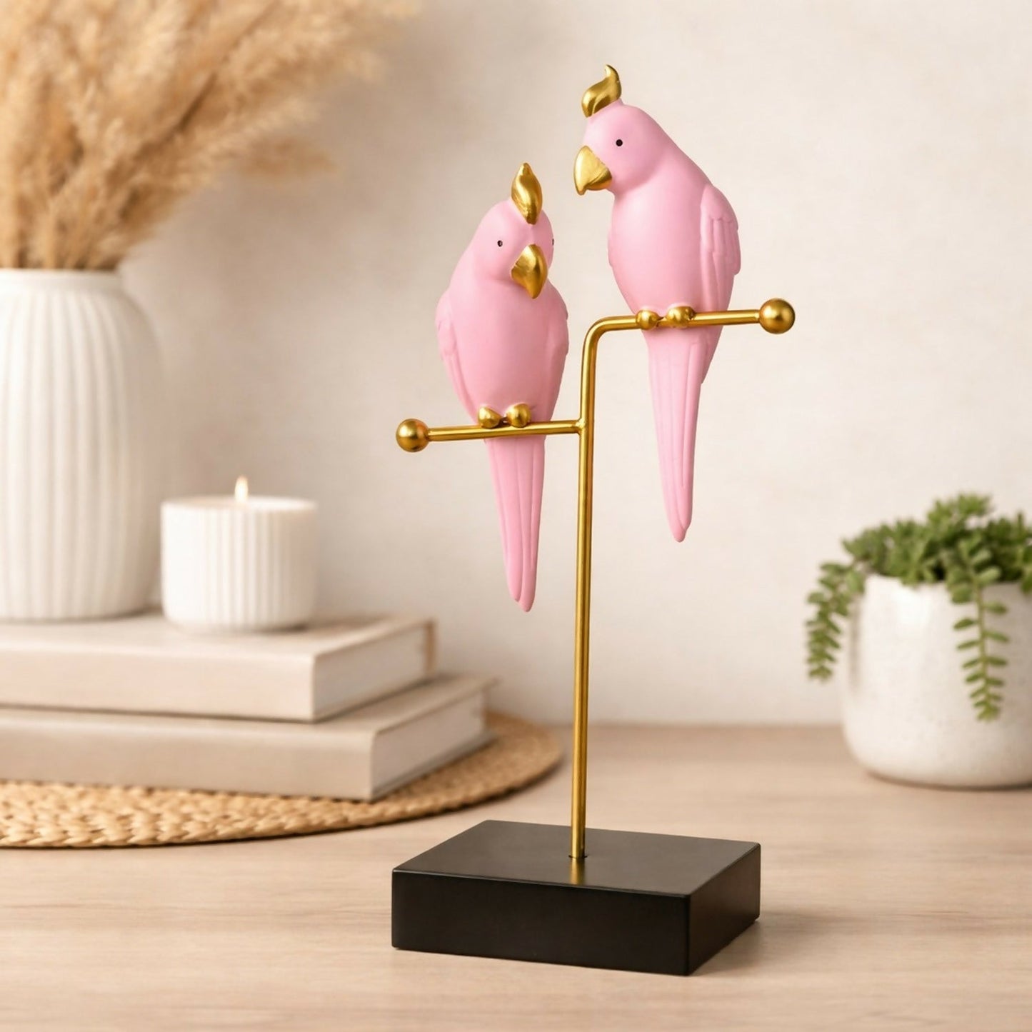 Pink Love Birds Decorative poly-resin Showpiece with Gold Stand for Home DÃ©cor