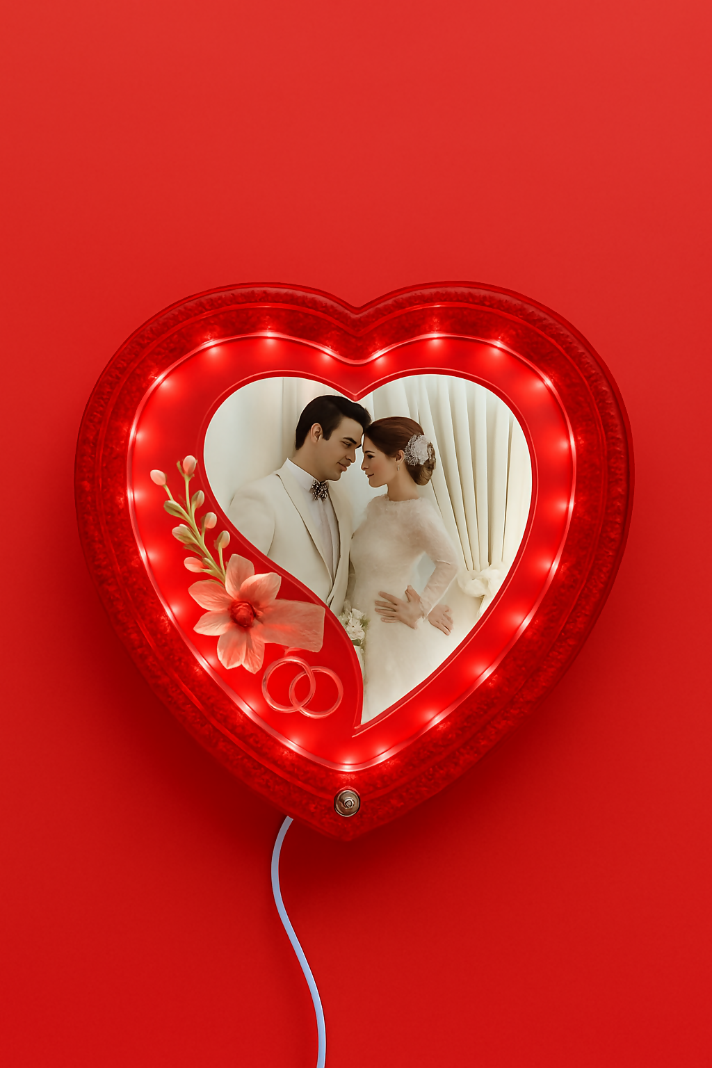 Heart-Shaped LED Wedding Photo Frame | Glowing Red Decorative Picture Frame with Floral Design & Rings | 4x6 Inch Couple Photo Frame | Romantic Gift for Anniversary, Valentineâ€™s Day, Wedding & Home DÃ©cor