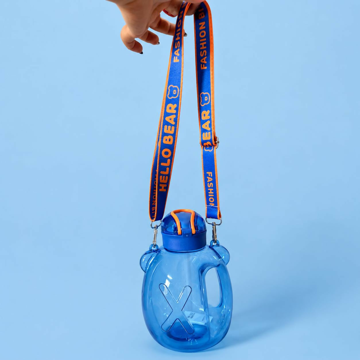 Blue 1200 ML Kids Bear Water Bottle with Straw & Adjustable Sling Strap