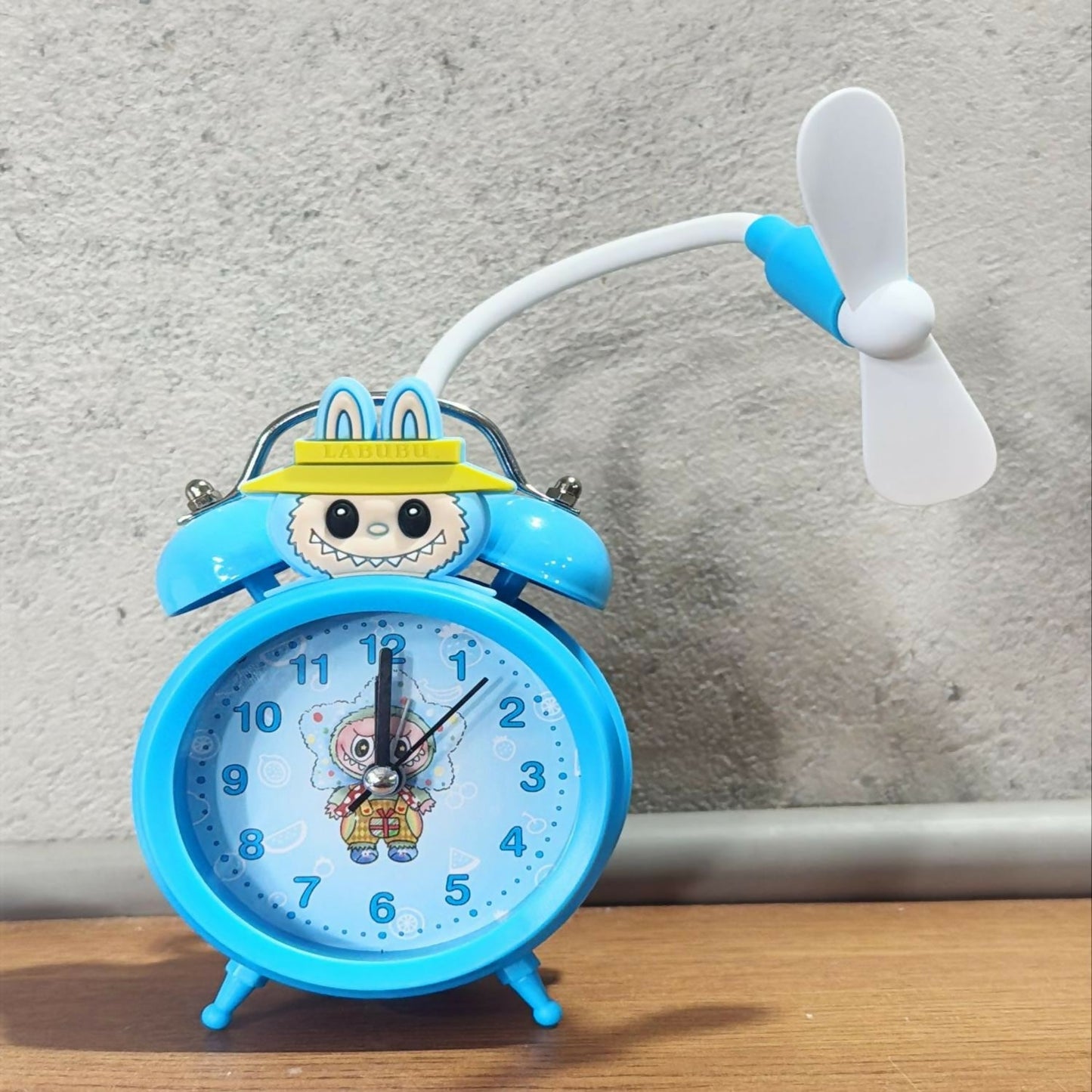 Cute Cartoon Dual Bell Kids Alarm Clock with Cooling Fan Loud Retro Table Clock