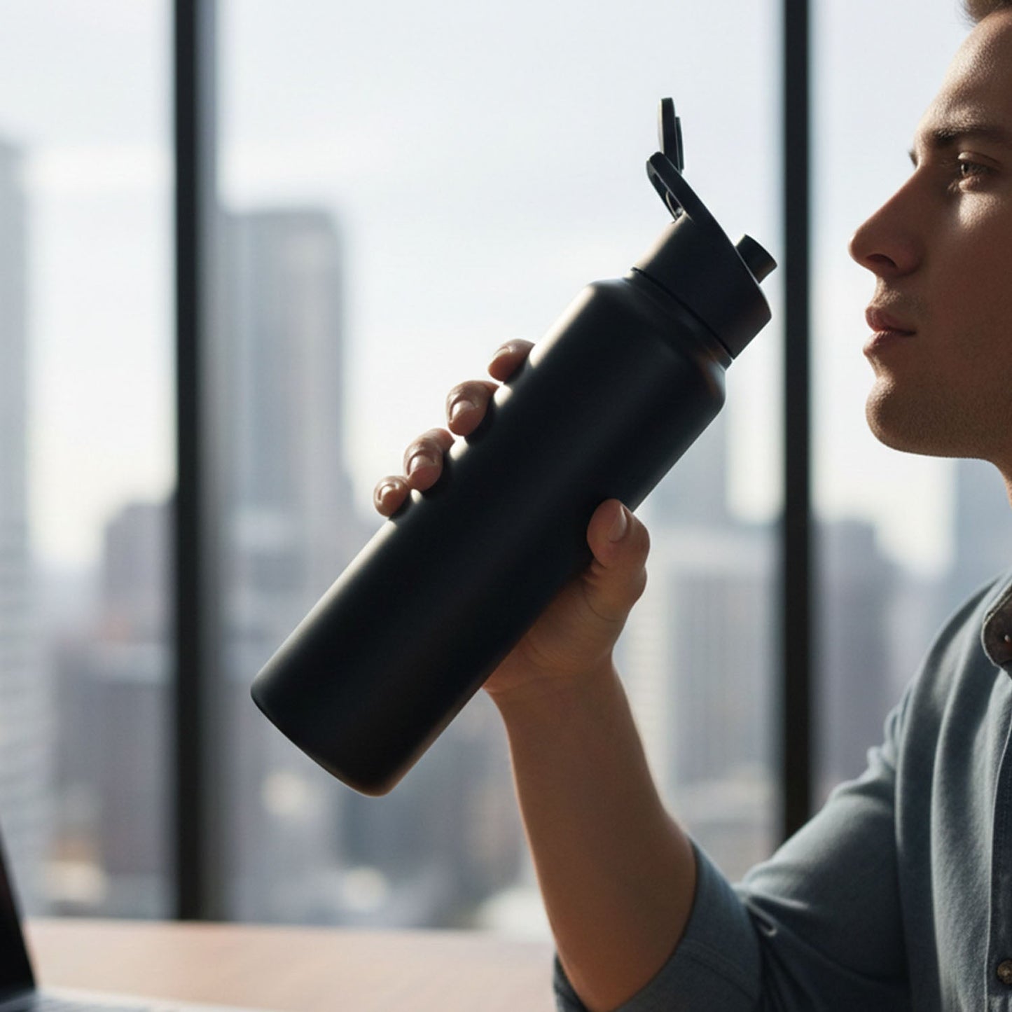 Stainless Steel 1000ml Flip-Top Reusable Sports Water Bottle â€“ 1 Pc