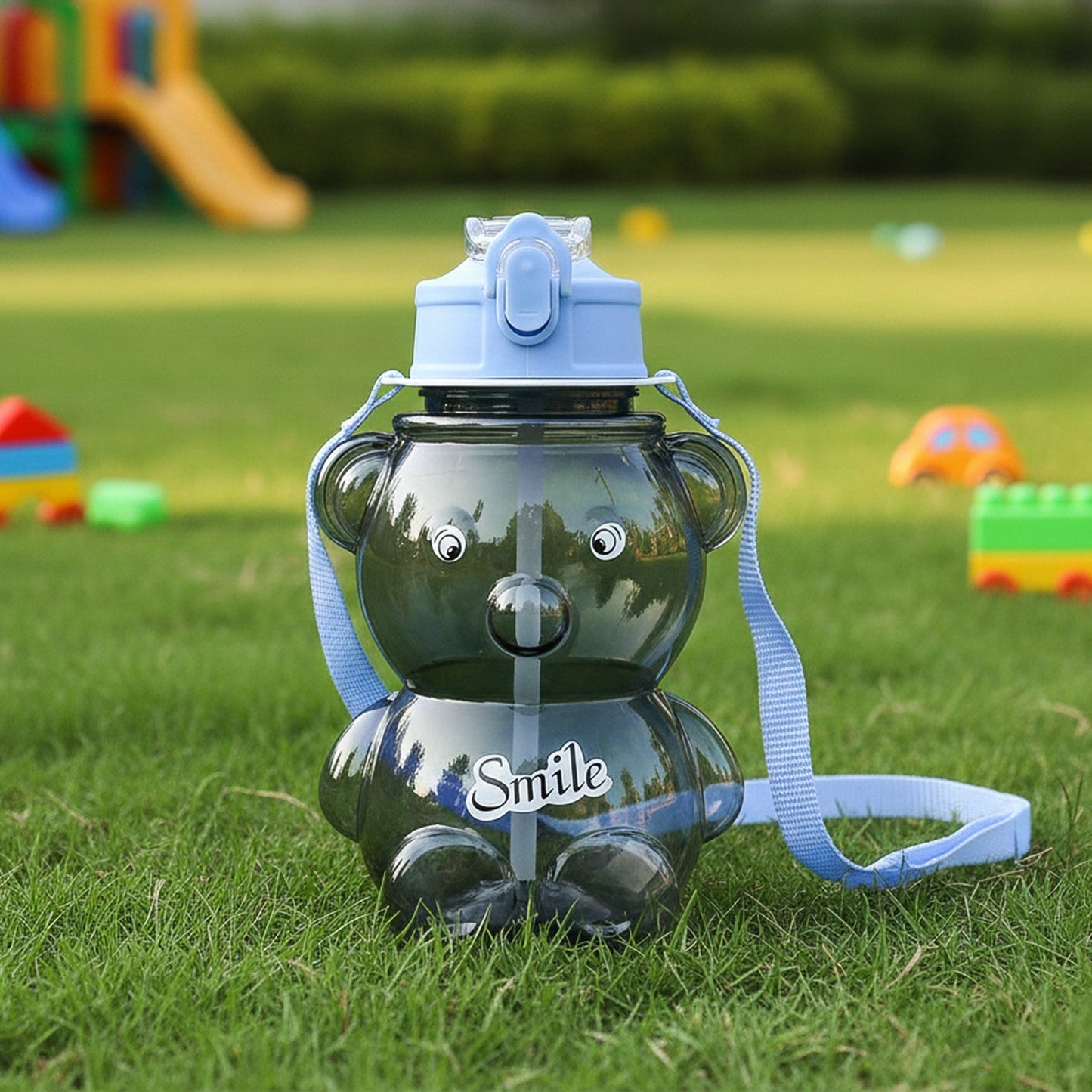 Kids Cartoon Bear Water Bottle with Straw & Shoulder Strap (1 Pc)