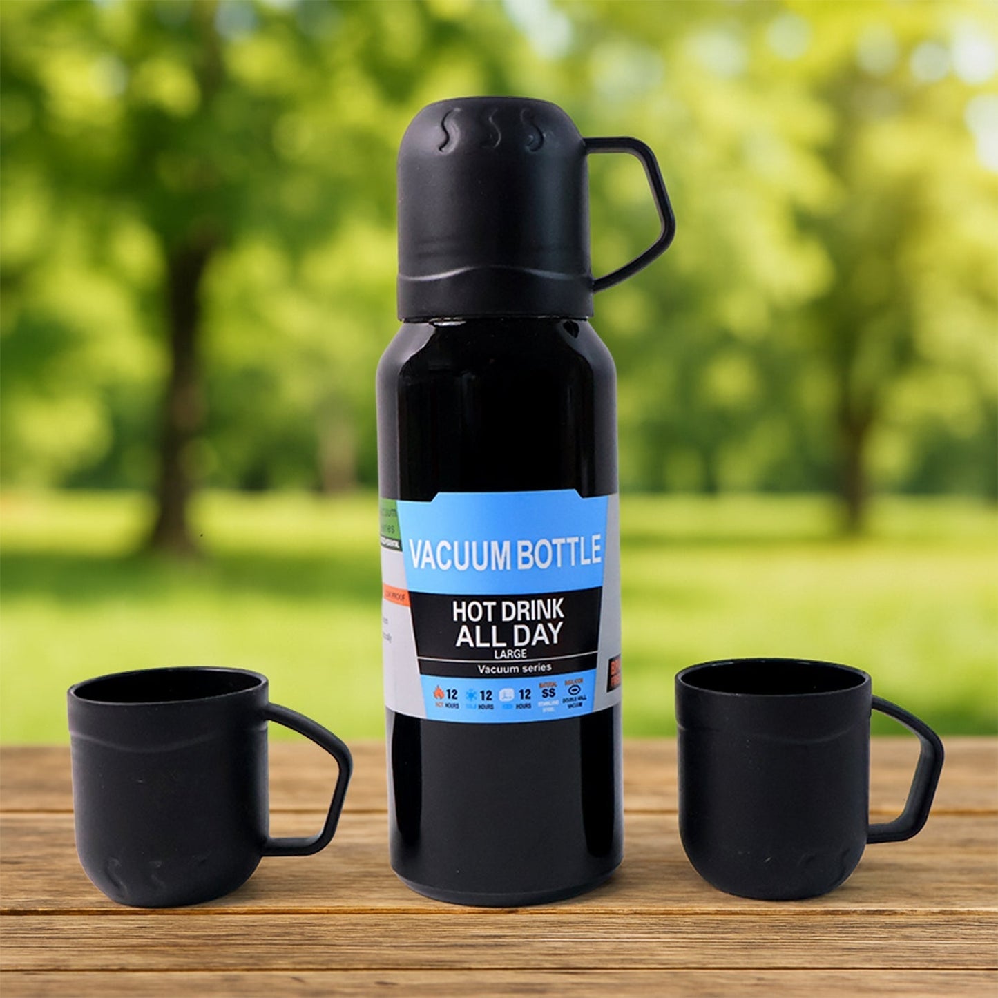 Black Vacuum Flask Set â€“ Stainless Steel Thermos with 3 Cups, Approx 500ml