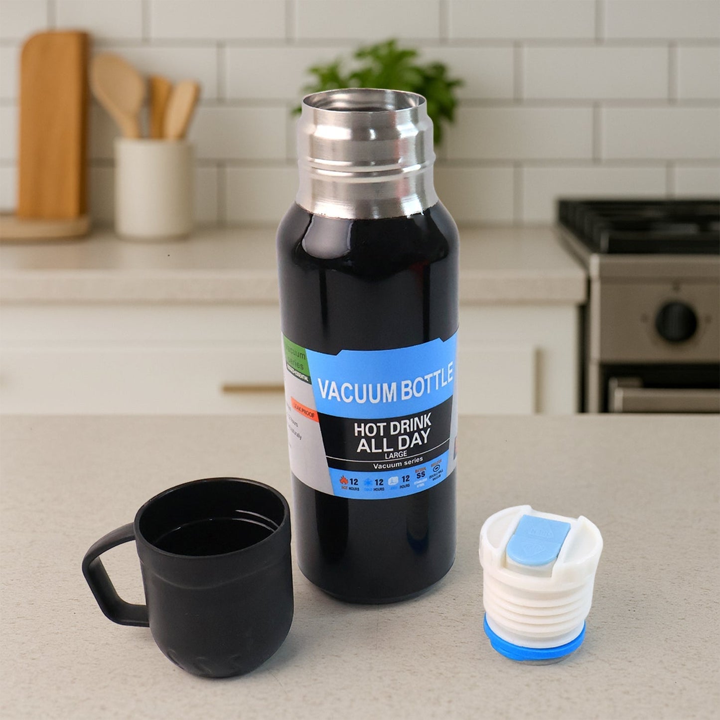 Black Vacuum Flask Set â€“ Stainless Steel Thermos with 3 Cups, Approx 500ml