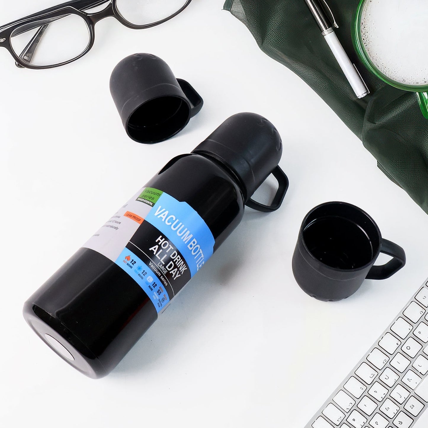 Black Vacuum Flask Set â€“ Stainless Steel Thermos with 3 Cups, Approx 500ml