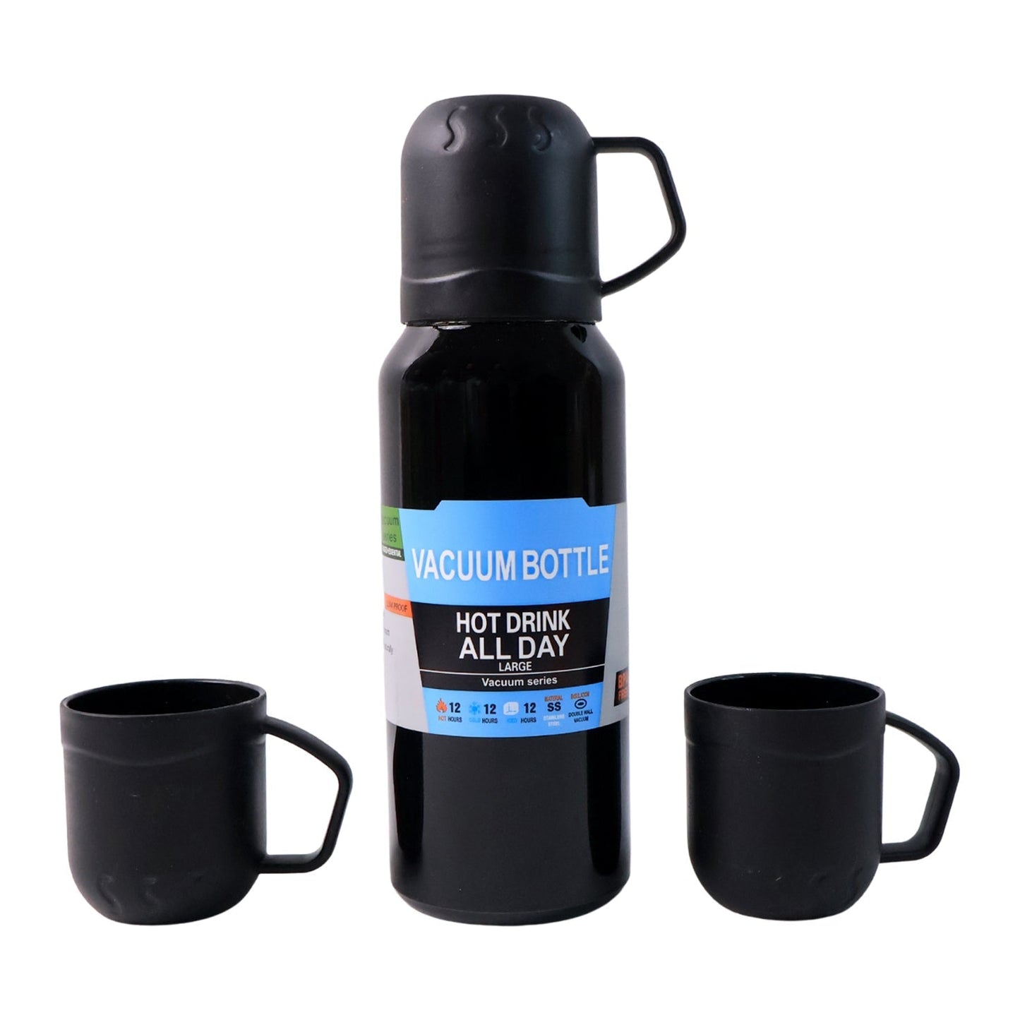 Black Vacuum Flask Set â€“ Stainless Steel Thermos with 3 Cups, Approx 500ml