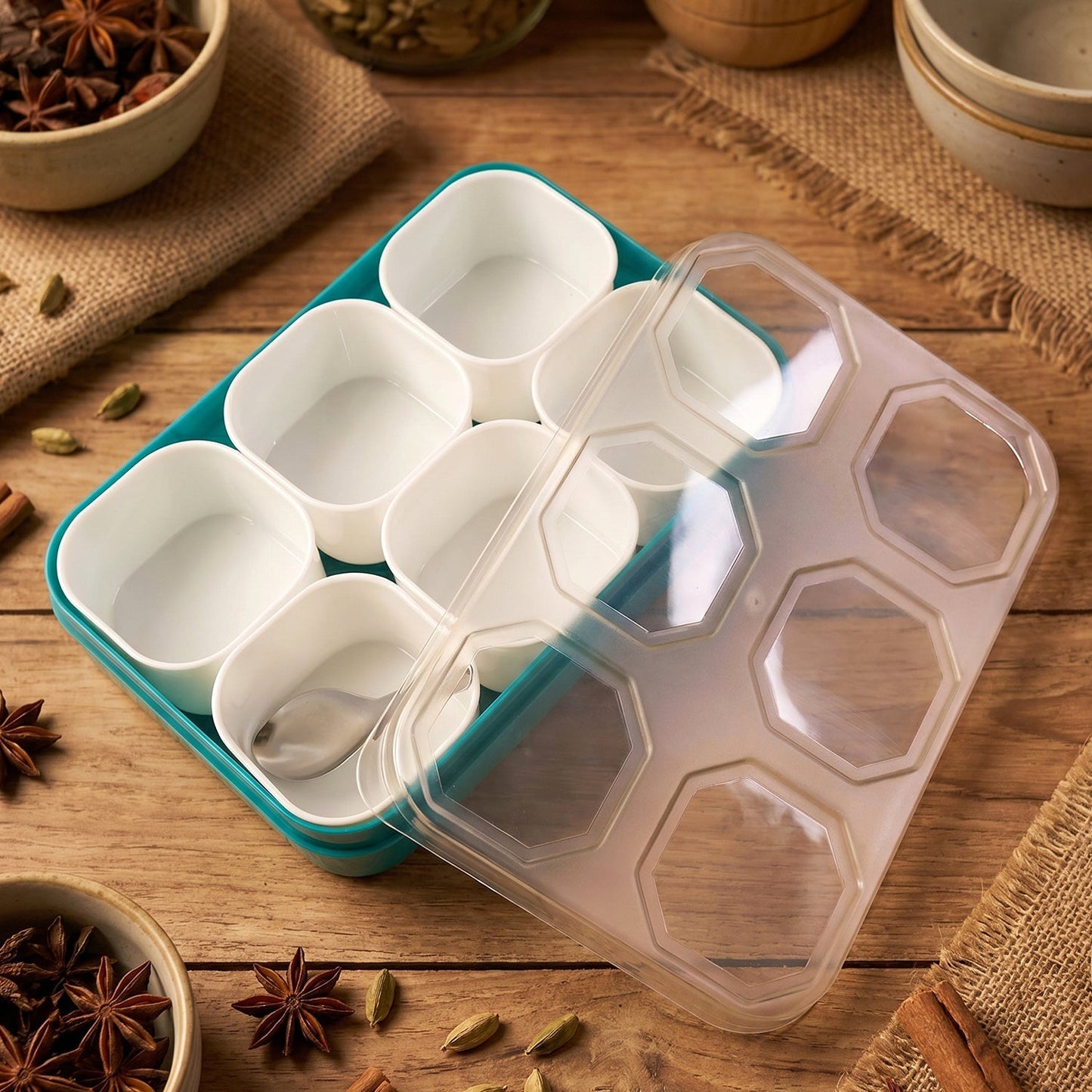 Plastic Real Masala Masti Box with 6 Compartments for Spice Storage