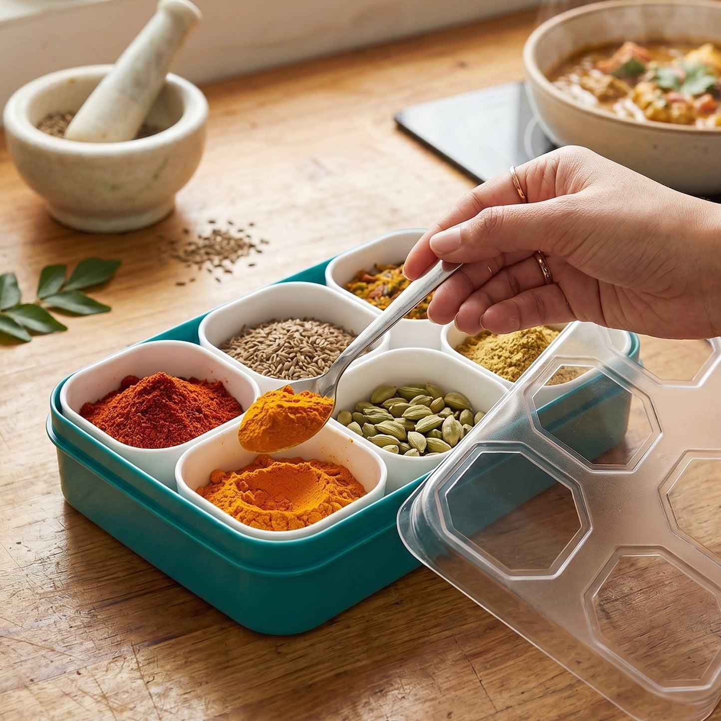 Plastic Real Masala Masti Box with 6 Compartments for Spice Storage