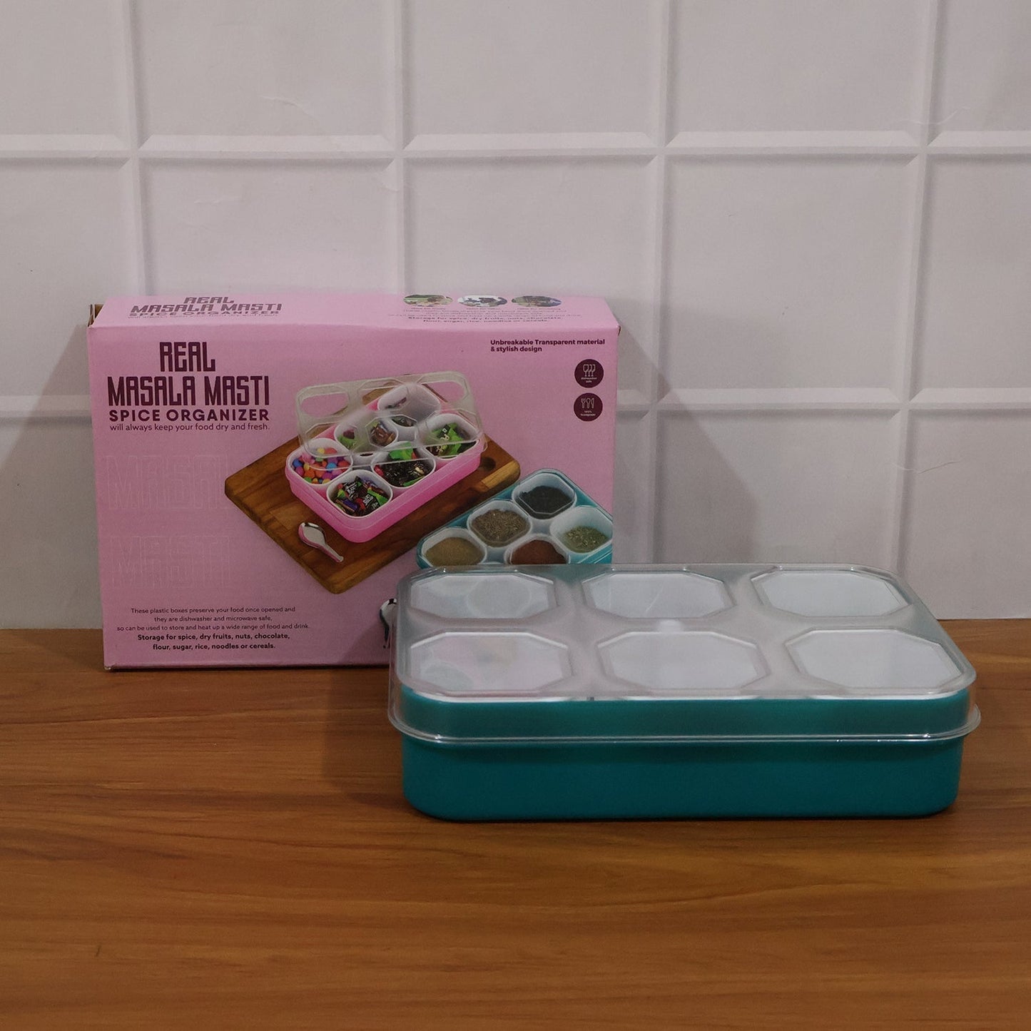 Plastic Real Masala Masti Box with 6 Compartments for Spice Storage