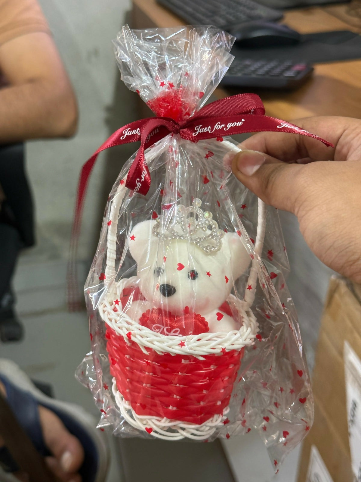 Red Cute Teddy Gift Basket with Crown Decorative Showpiece