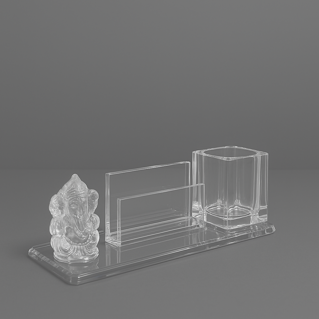 Glass Desktop Organizer with Ganesh Idol â€“ 3-in-1 Gift Set