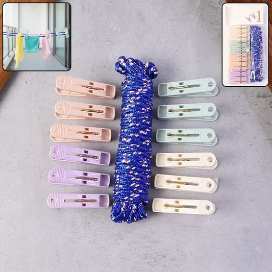 Clothesline Rope 12 Clips â€“ 5 Meter Approx Heavy Duty Laundry Drying Rope with Clip