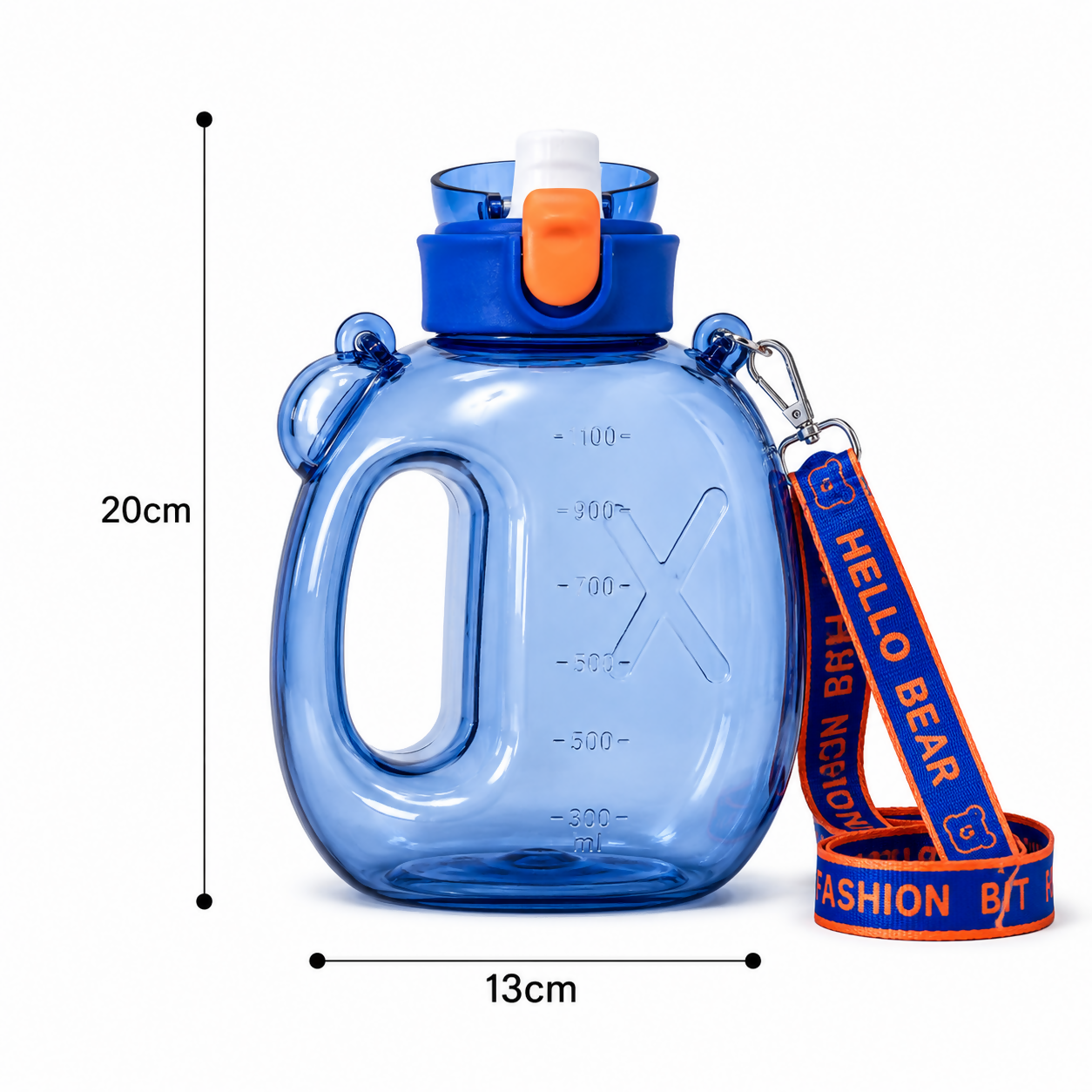Blue 1200 ML Kids Bear Water Bottle with Straw & Adjustable Sling Strap