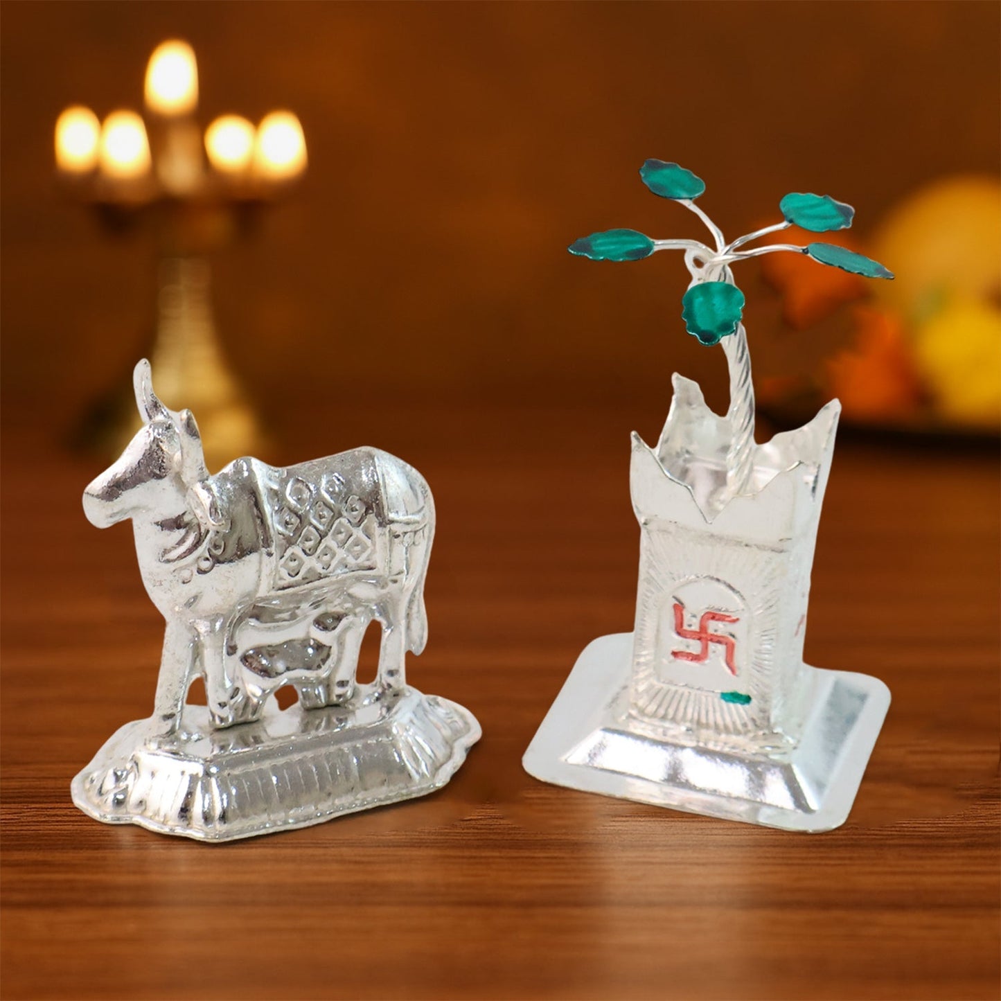 Silver-Plated Kamdhenu Cow & Tulsi Plant Pair â€“ Pooja & Home DÃ©cor