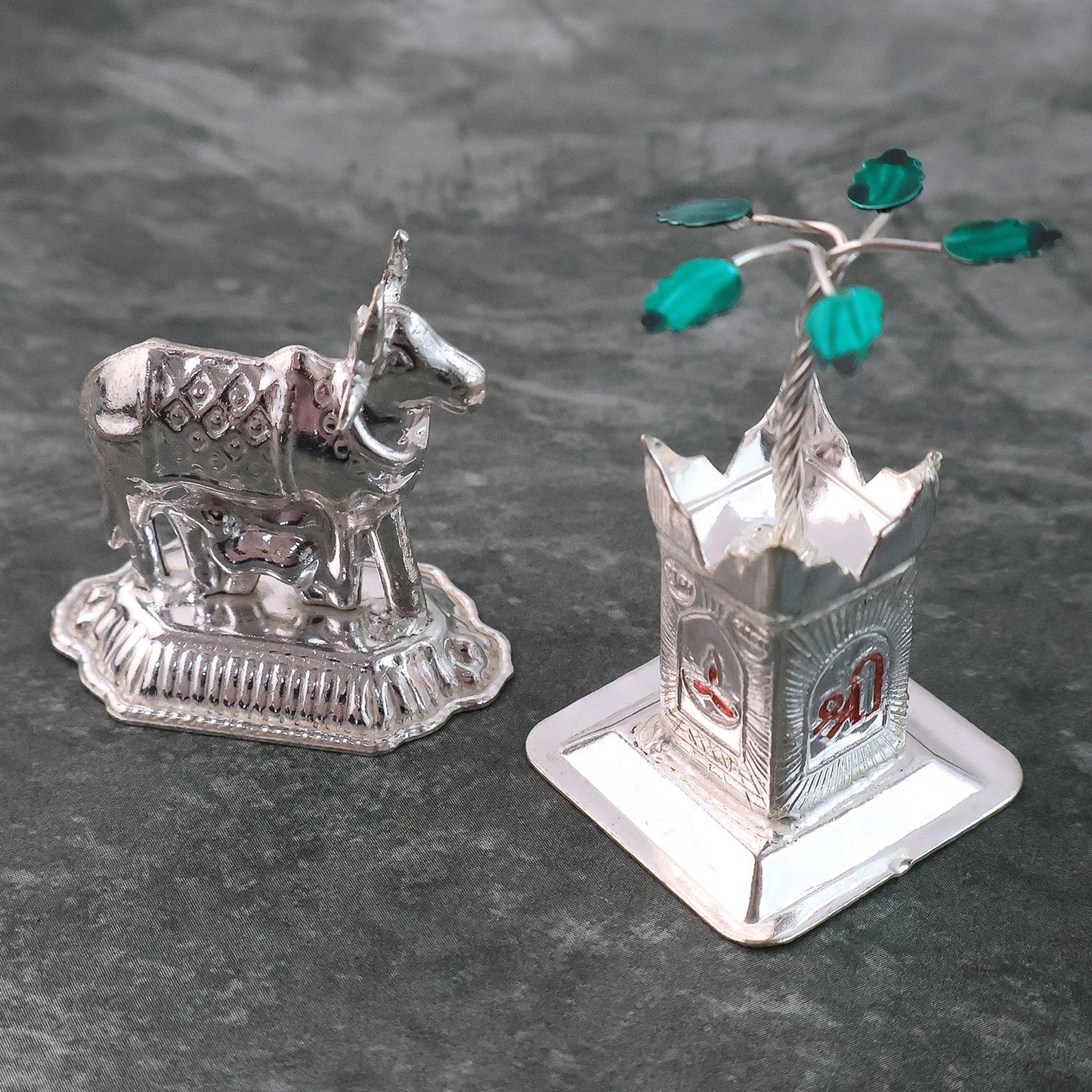 Silver-Plated Kamdhenu Cow & Tulsi Plant Pair â€“ Pooja & Home DÃ©cor