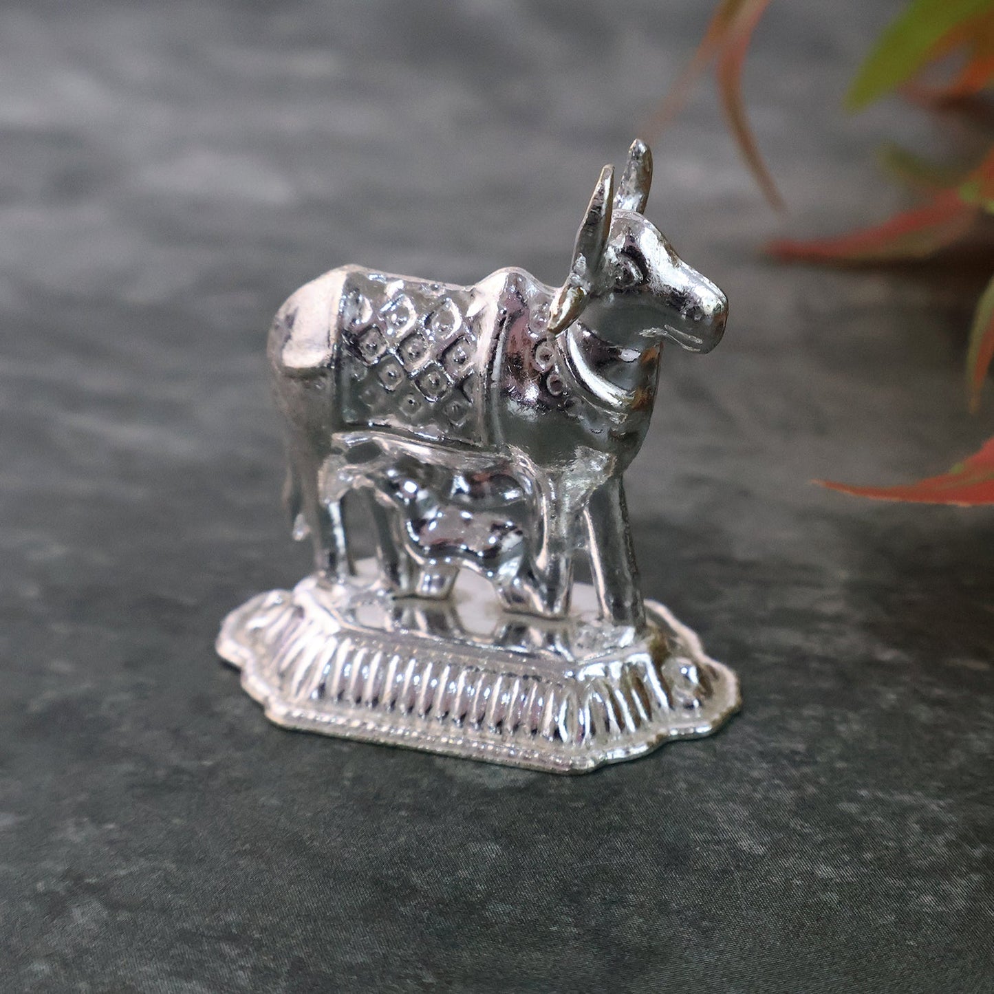Silver-Plated Kamdhenu Cow & Tulsi Plant Pair â€“ Pooja & Home DÃ©cor