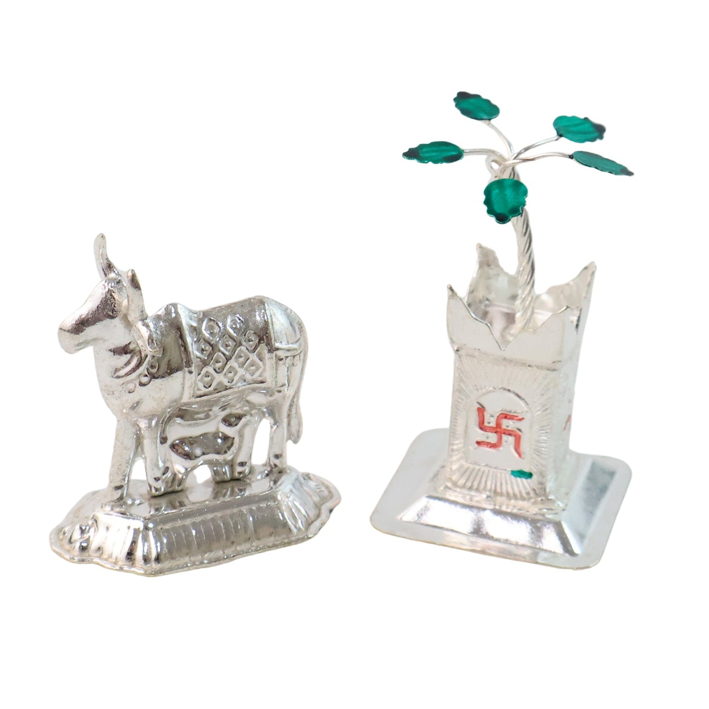 Silver-Plated Kamdhenu Cow & Tulsi Plant Pair â€“ Pooja & Home DÃ©cor