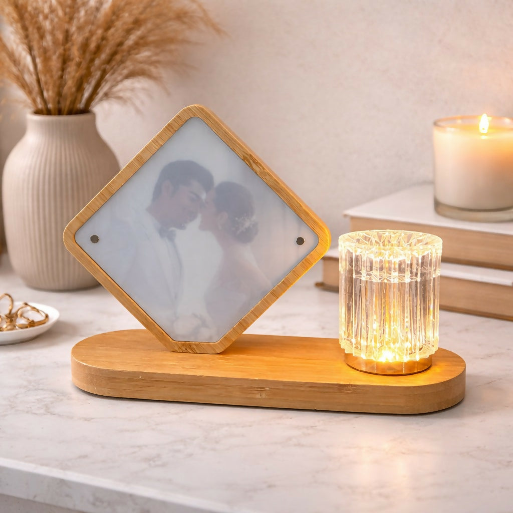 Wooden LED Photo Frame Lamp with Crystal Light Base