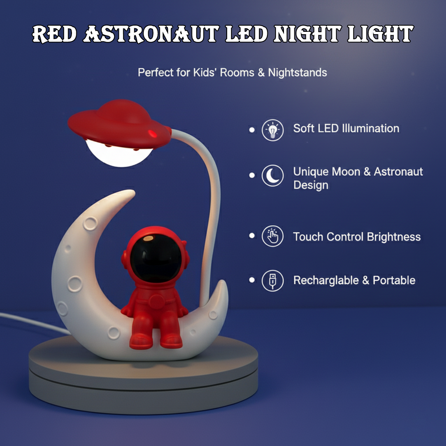 Red Astronaut Moon LED Night Lamp with Touch Control, USB Rechargeable