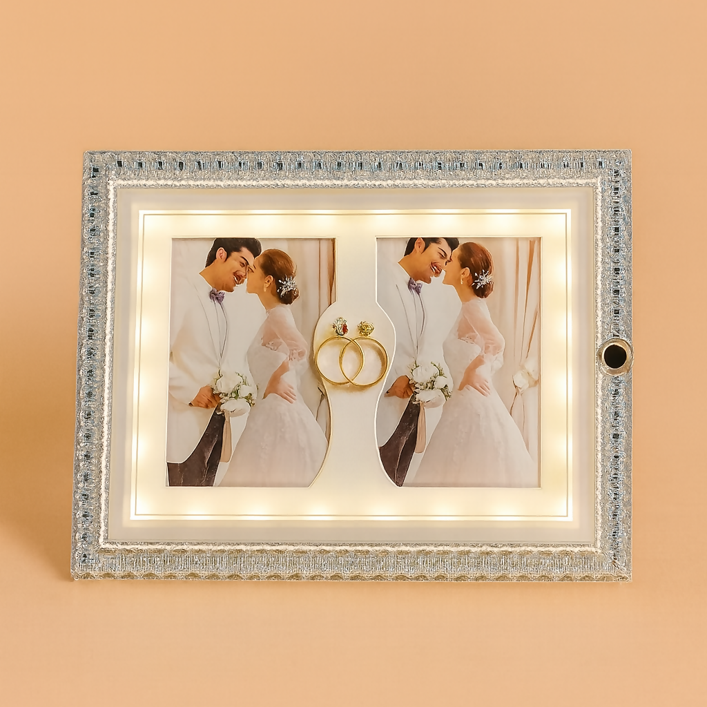 Crystal LED Wedding Photo Frame with Dual Photo Slots & Golden Ring Accent | Luxury Sparkling Diamond-Cut Border | Light-Up Decorative Frame for Couples, Anniversary, Wedding & Romantic Gifts