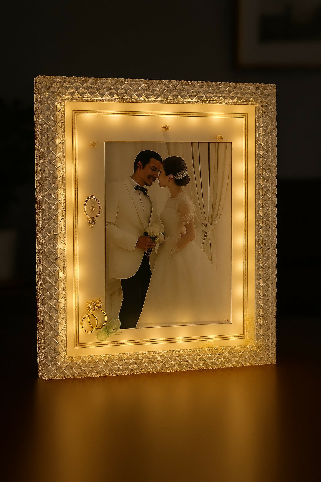 Premium LED Crystal Wedding Photo Frame with 3D Ring Decor  for  Bedroom Decoration