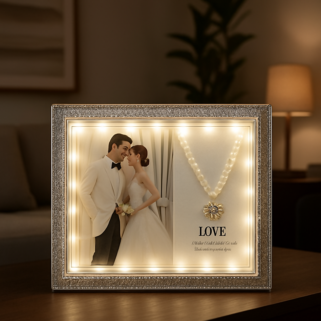 Crystal LED Wedding Photo Frame with Necklace Design â€“ 5x7 Inch Decorative Light Up Picture Frame for Couple Photos | Romantic Home DÃ©cor Gift for Anniversary, Wedding & Valentineâ€™s Day | Elegant Crystal Border Tabletop Frame