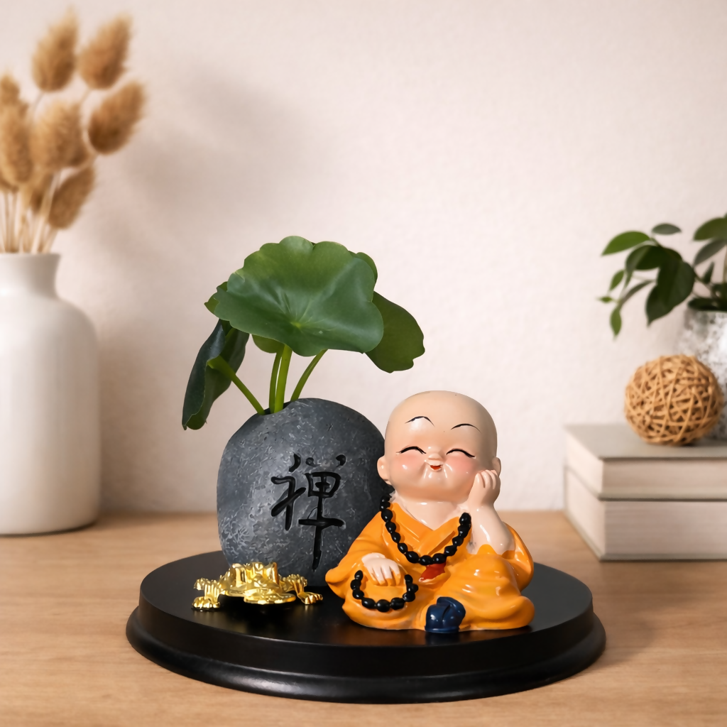 Zen Monk Showpiece with Lucky Money Frog & Mini Planter â€” Home & Office Decor(ANY COLOR)