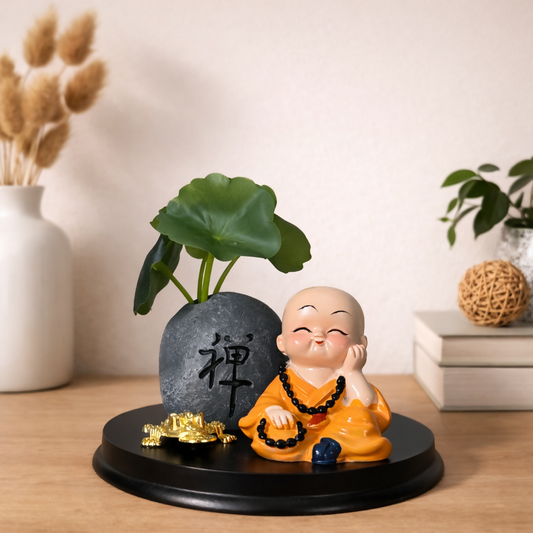 Zen Monk Showpiece with Lucky Money Frog & Mini Planter â€” Home & Office Decor(ANY COLOR)