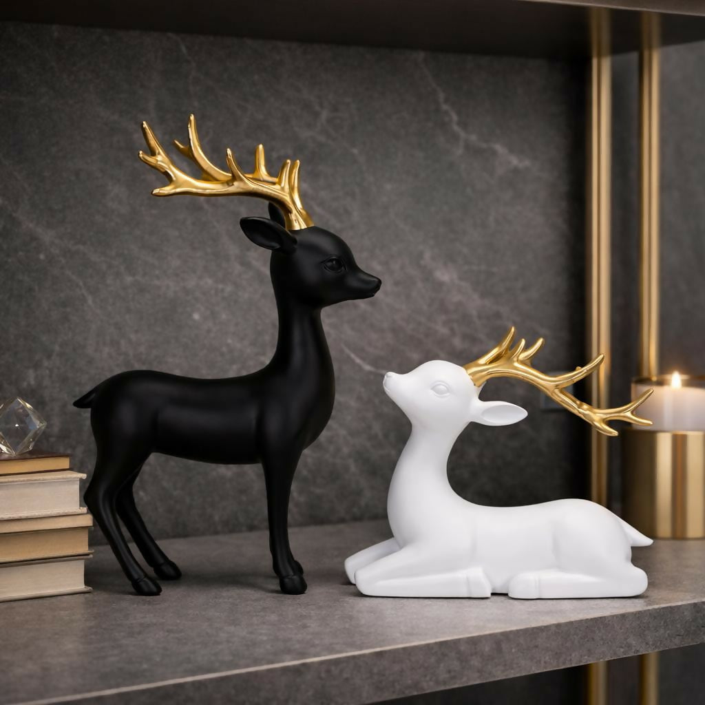 Black and White Deer Showpiece Set with Golden Antlers for Home Decor