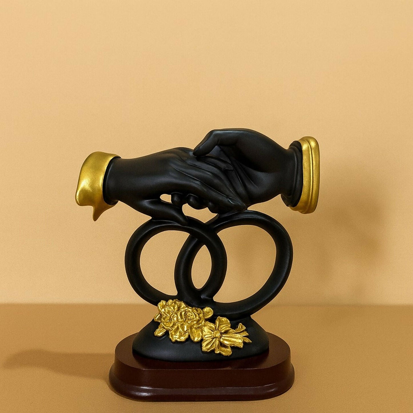 Luxury Black & Gold Handshake Figurine with Interlocked Rings & Floral Base | Romantic Couple Holding Hands Showpiece for Home DÃ©cor, Wedding Gift, Anniversary Gift, Office Desk & Living Room Decoration