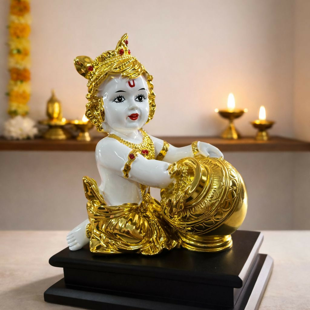 Bal Krishna Idol with Butter Pot Golden Showpiece for Home Temple DÃ©cor