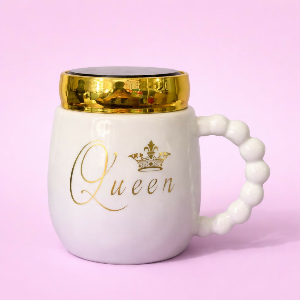 Queen Ceramic Mug with Lid & Beaded Handle Coffee Cup