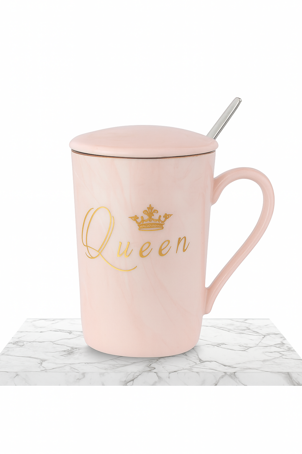 King & Queen Coffee Mug Set with Lids & Spoons | Marble Ceramic Cups for Couples | Luxury Gold Crown Print Tea & Coffee Mug Gift Set for Anniversary, Wedding, Valentineâ€™s Day, Husband & Wife